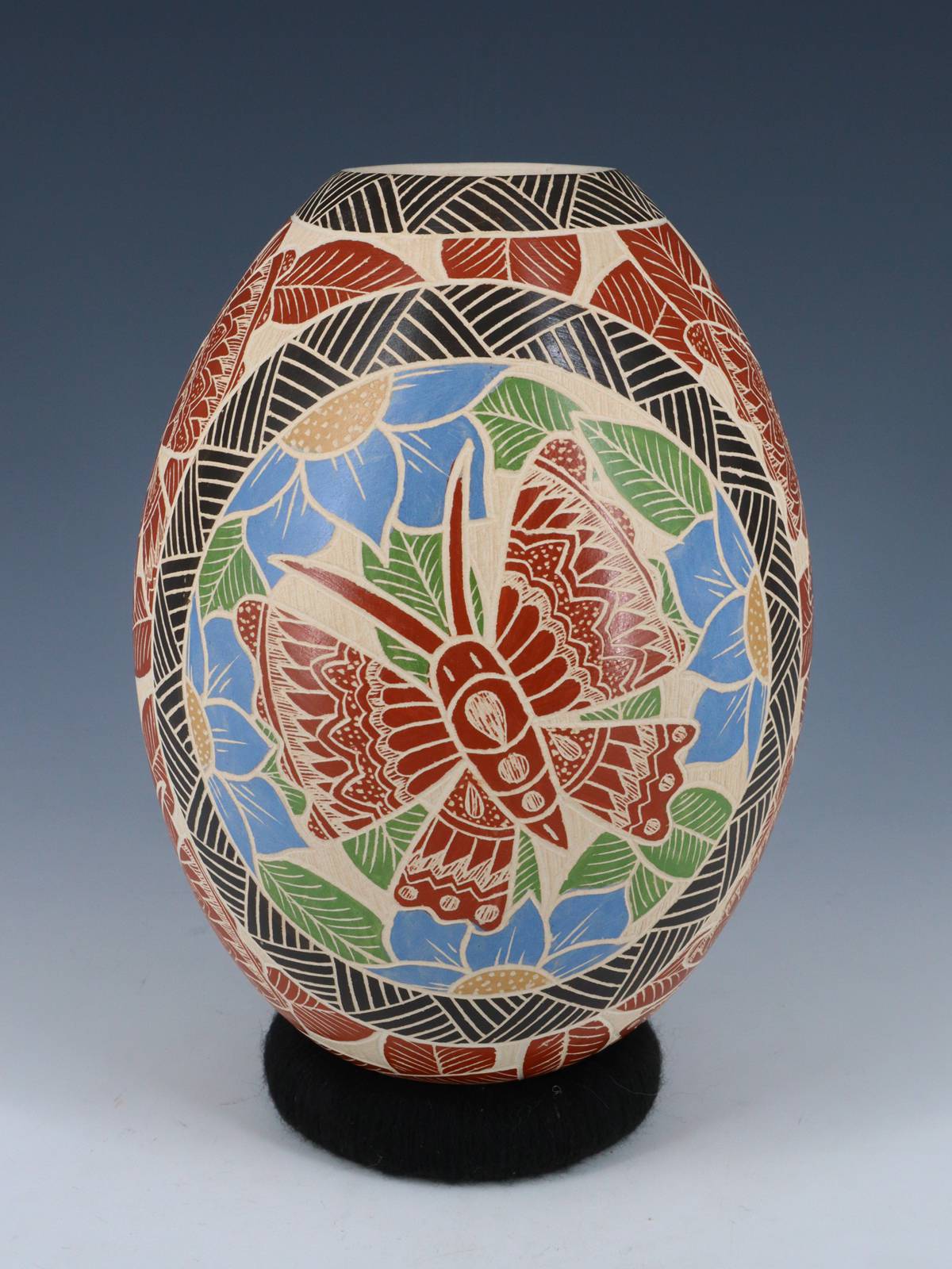 Mata Ortiz Hand Coiled Etched Butterfly Pottery Vase - PuebloDirect.com