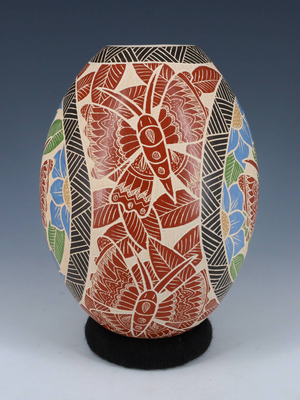 Mata Ortiz Hand Coiled Etched Butterfly Pottery Vase - PuebloDirect.com