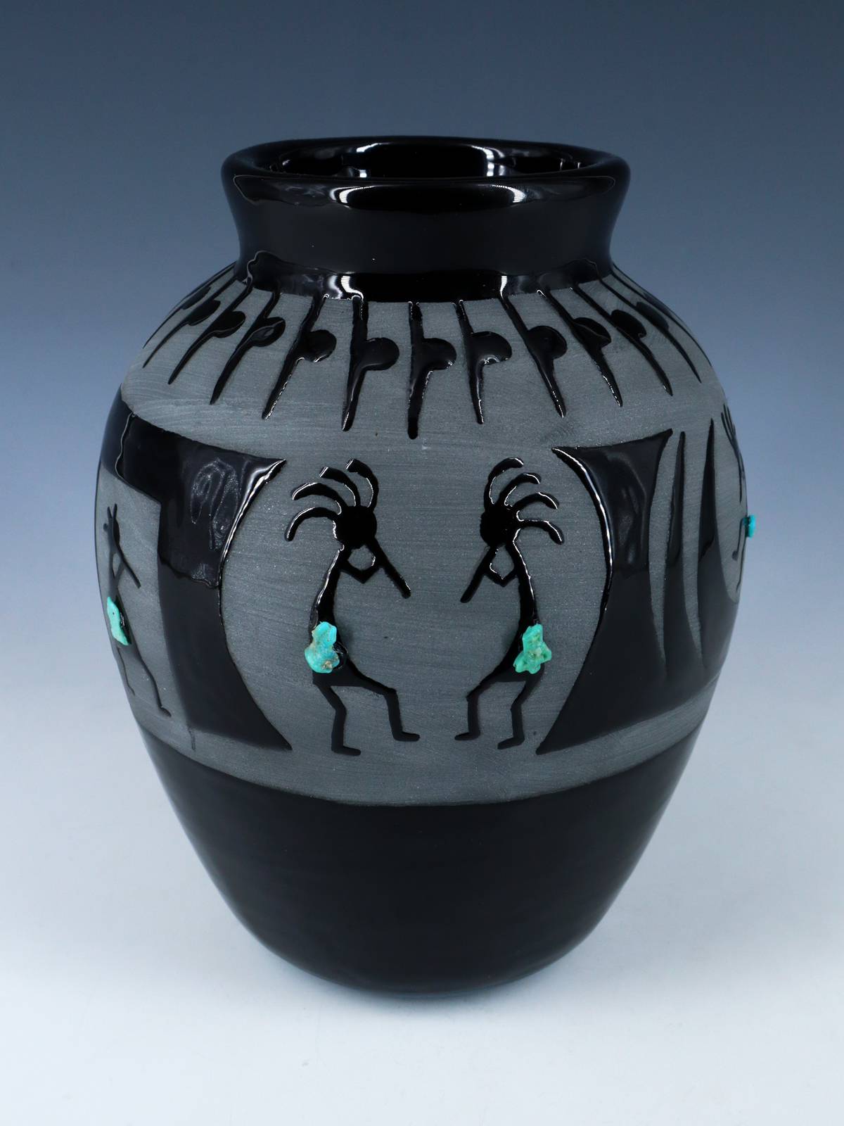 San Juan Pueblo Black Pottery Kokopelli Vase