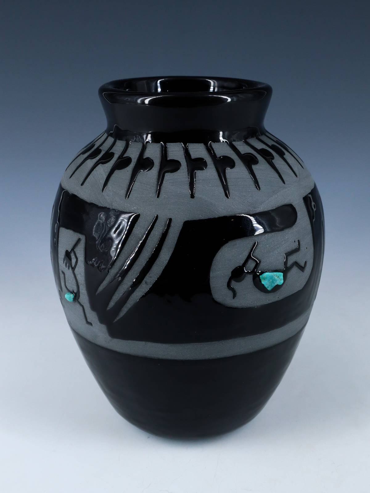 San Juan Pueblo Black Pottery Kokopelli Vase