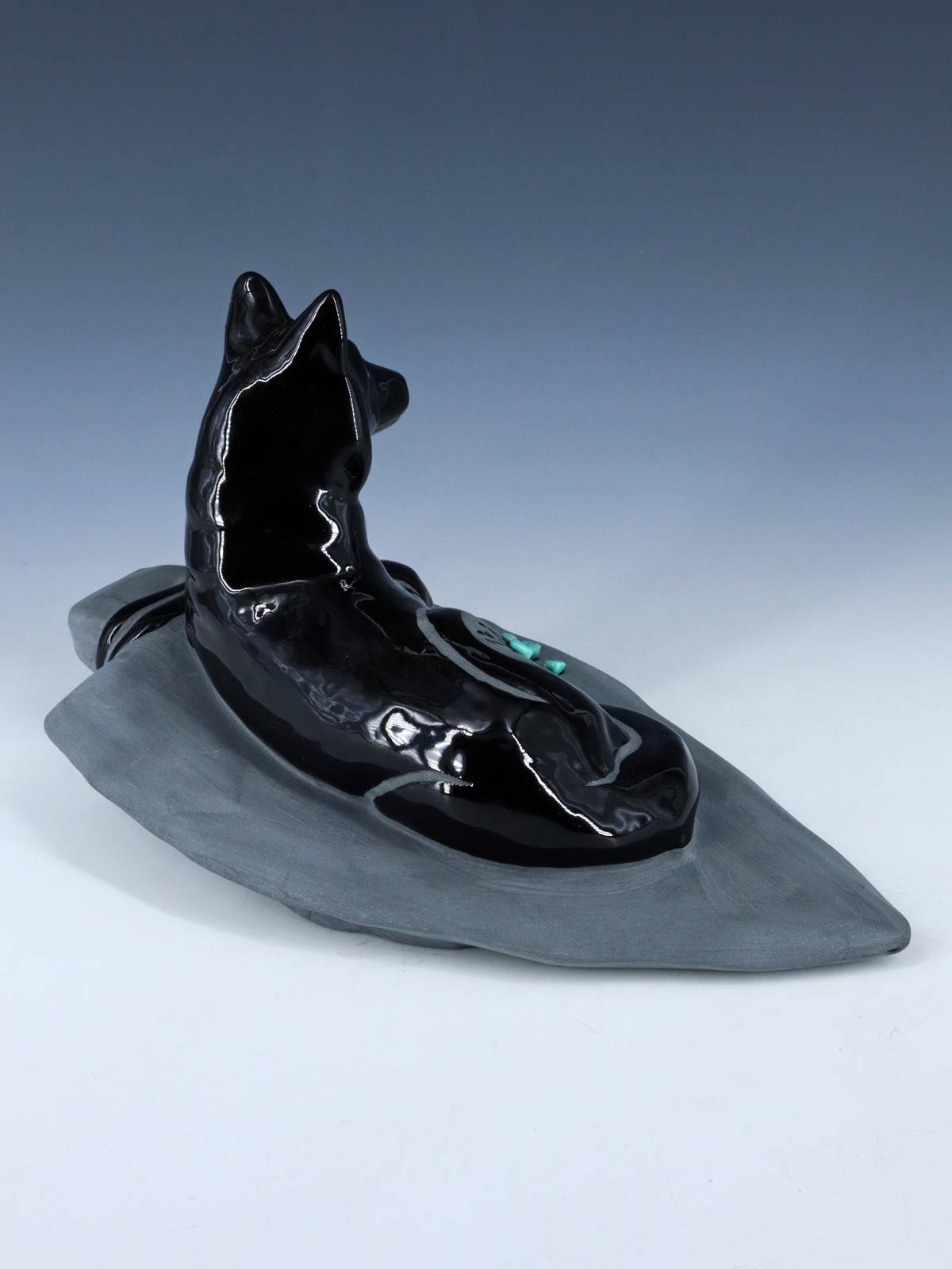San Juan Pueblo Black Pottery Coyote On a Rock