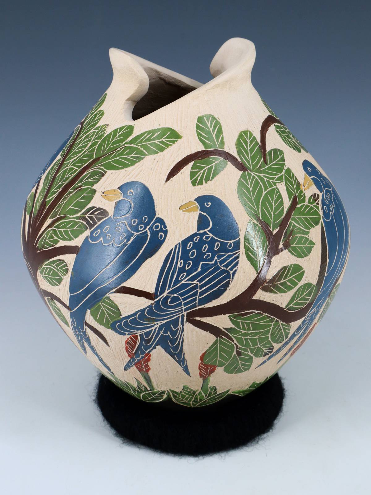 Mata Ortiz Hand Coiled Blue Bird Etched Pottery
