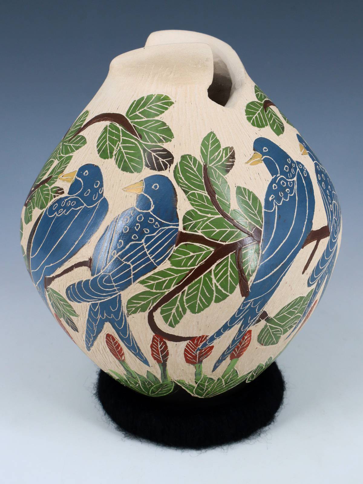 Mata Ortiz Hand Coiled Blue Bird Etched Pottery