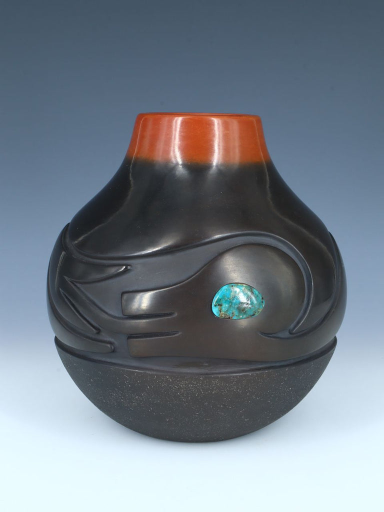 San Ildefonso Pueblo Avanyu Carved Duo Tone Pottery Vase - PuebloDirect.com