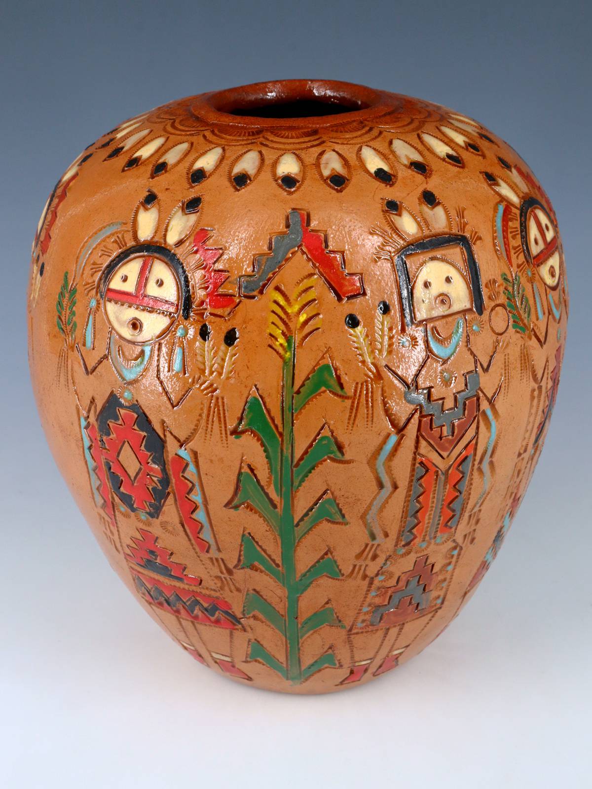 Olla de semillas de cerámica pintada a mano de bisonte grabado navajo
