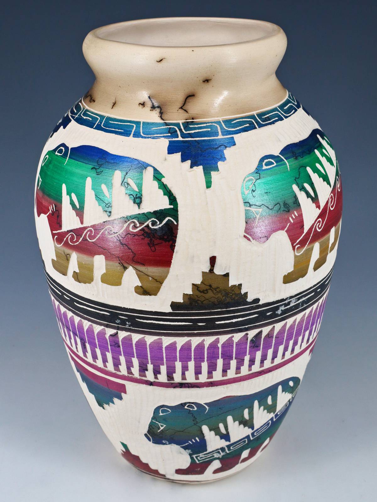Etched Bear Navajo Horsehair Pottery Vase