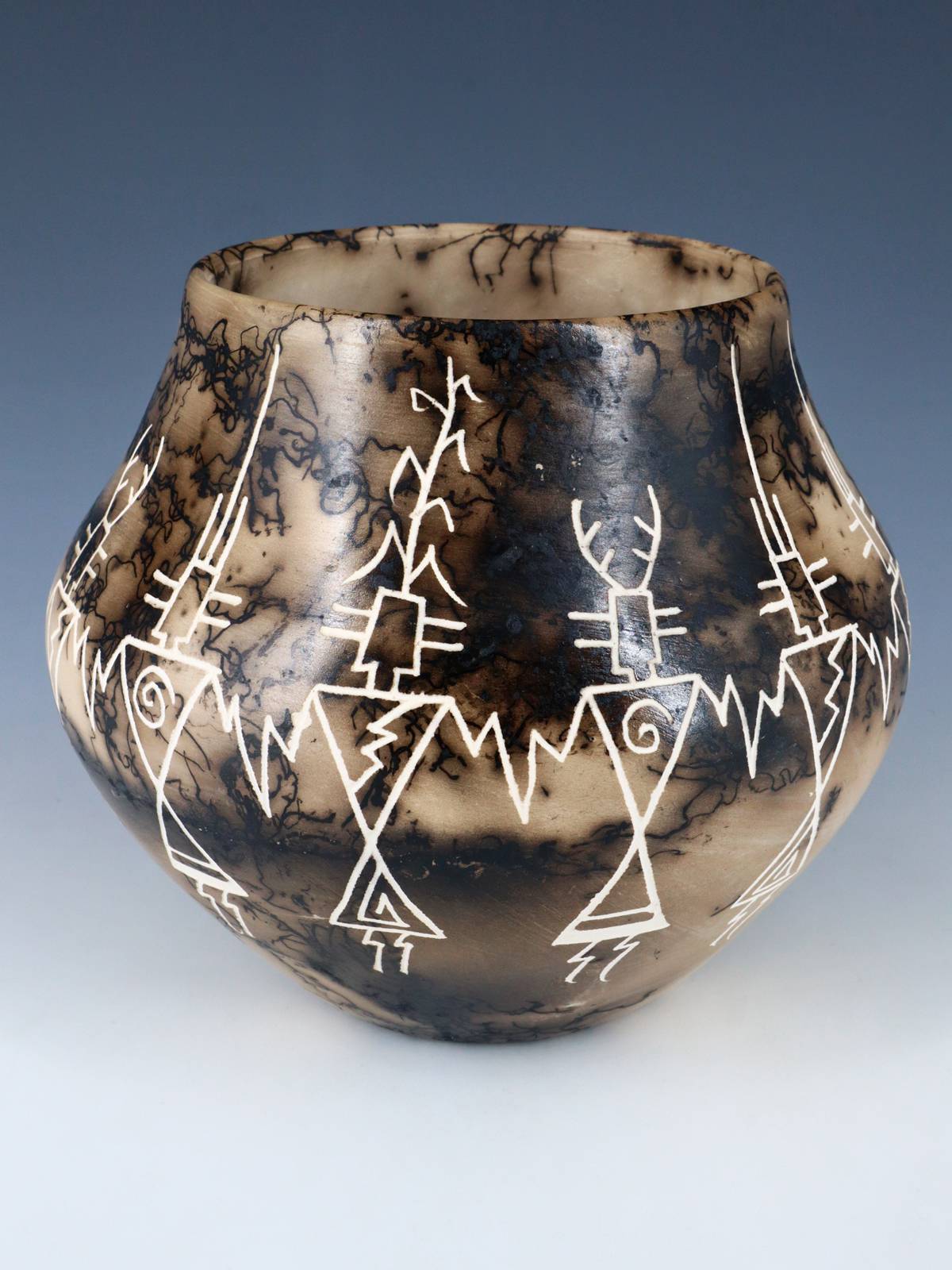 Acoma Etched Friendship Dancer Horsehair Pottery Bowl