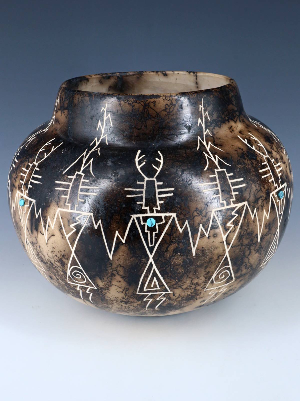 Acoma Etched Friendship Dancer Horsehair Pottery Bowl