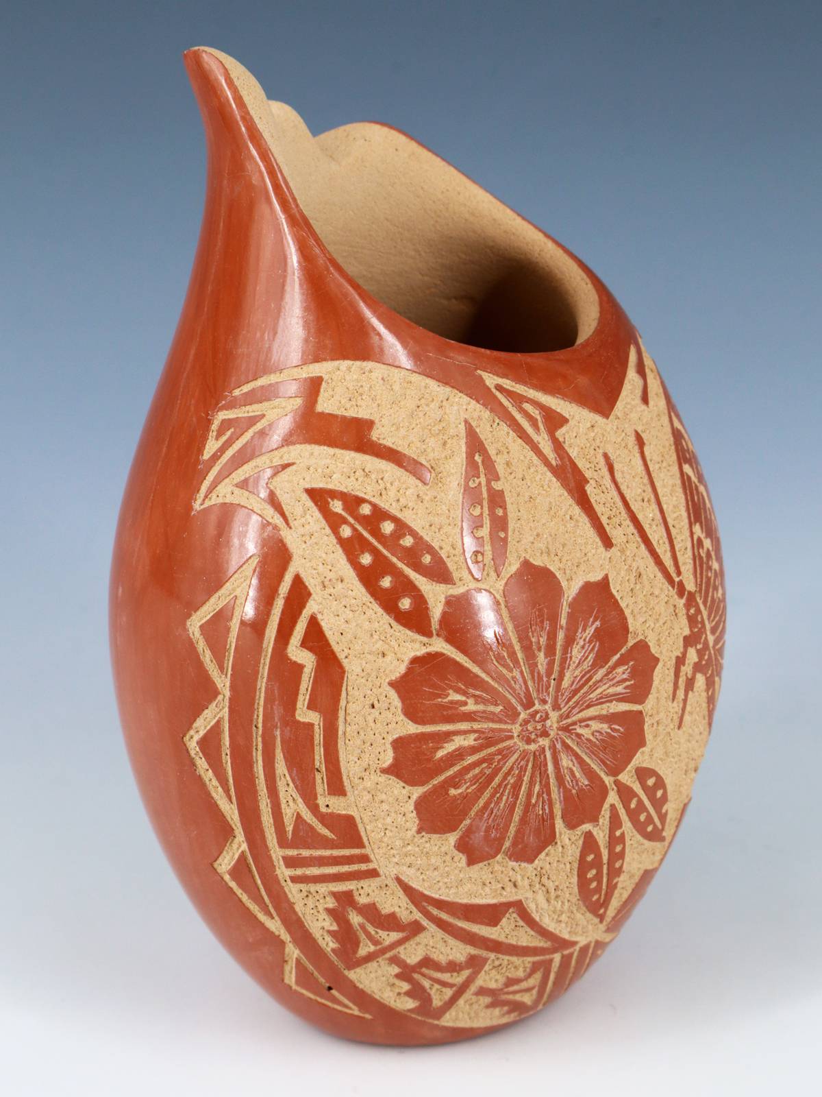 Jemez Pueblo Hand Coiled Etched Pottery Vase