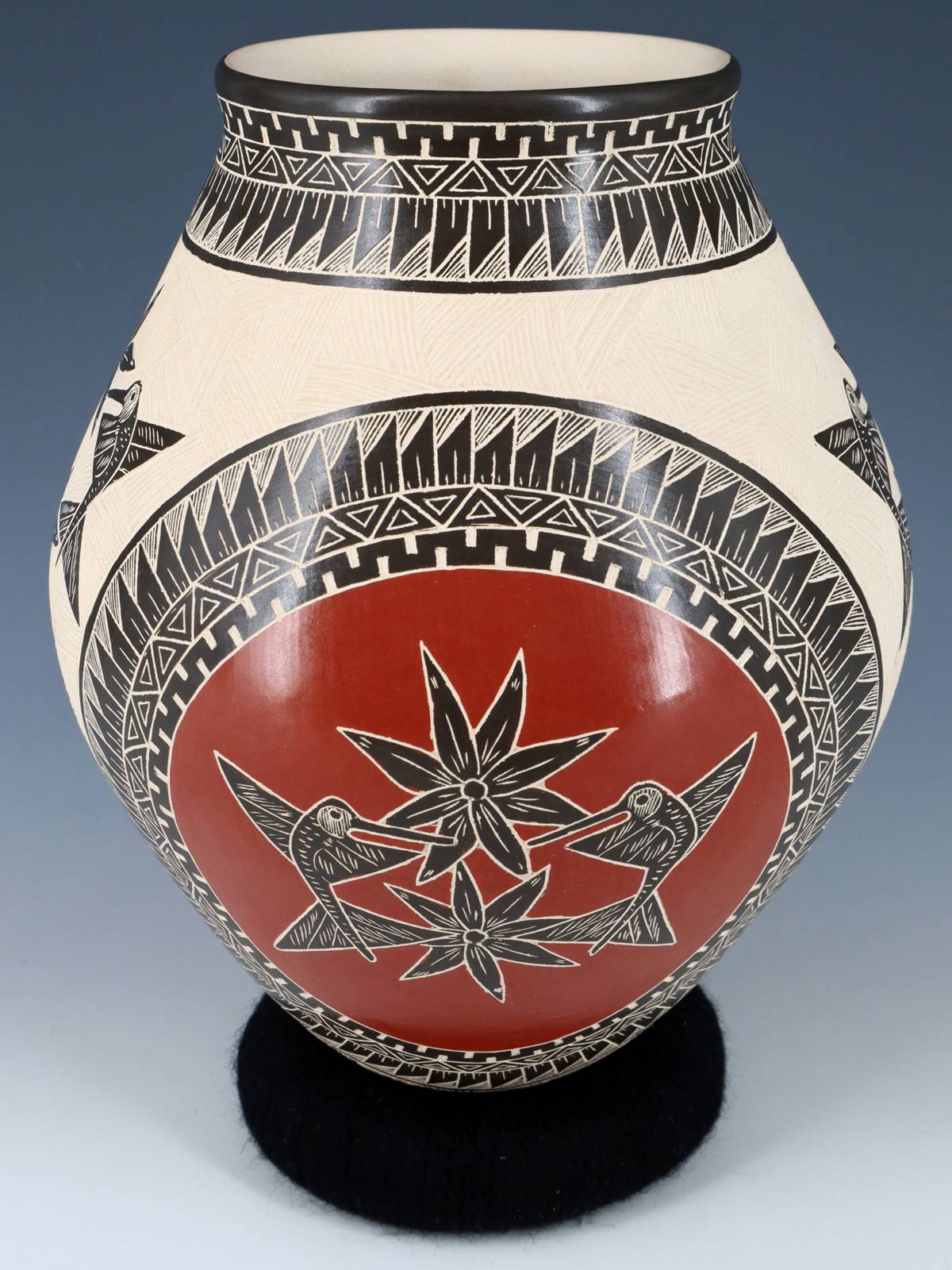 Mata Ortiz Hand Coiled Etched Hummingbird Pottery