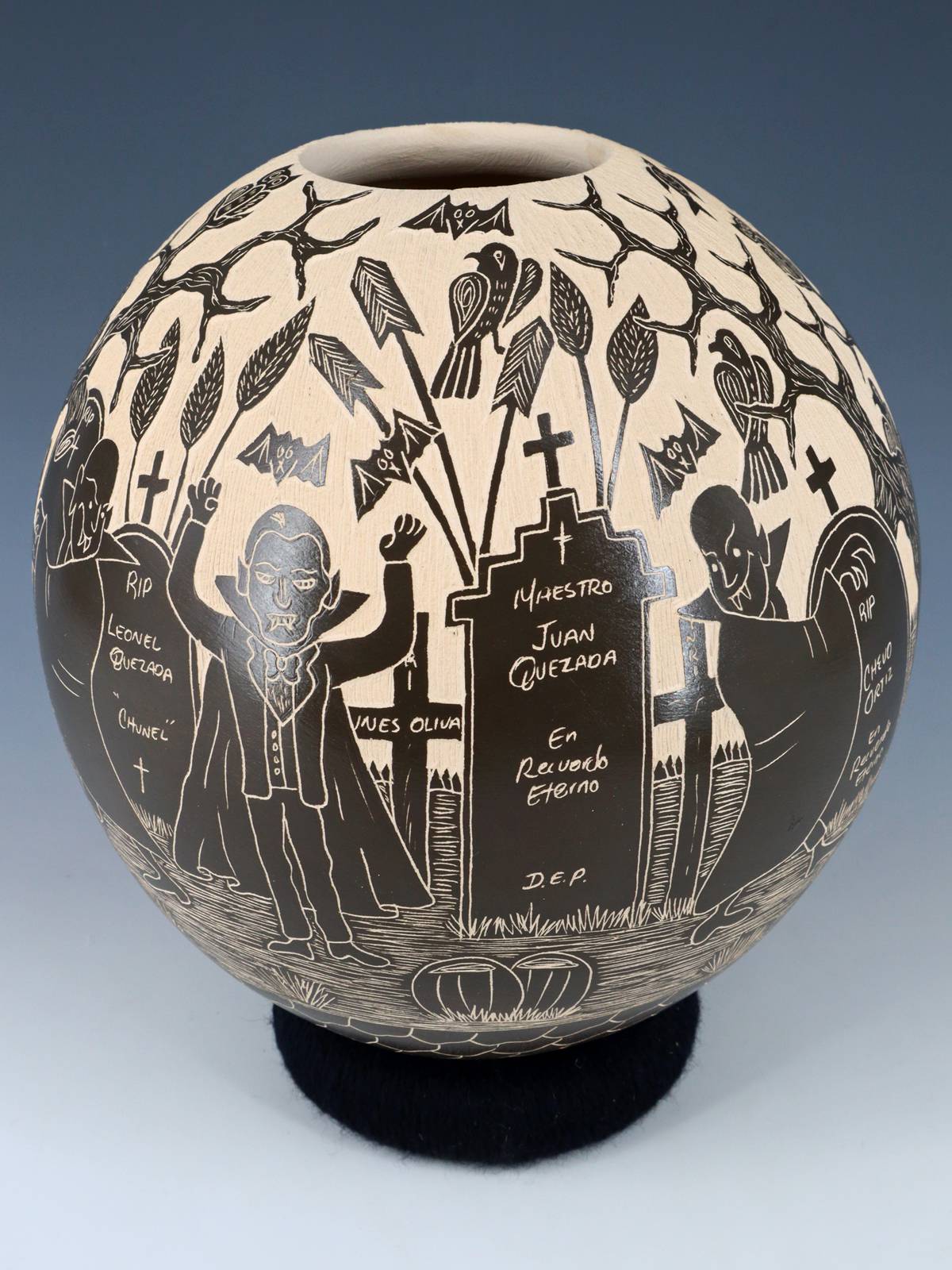 Mata Ortiz Hand Coiled Dia De Los Muertos Etched Pottery