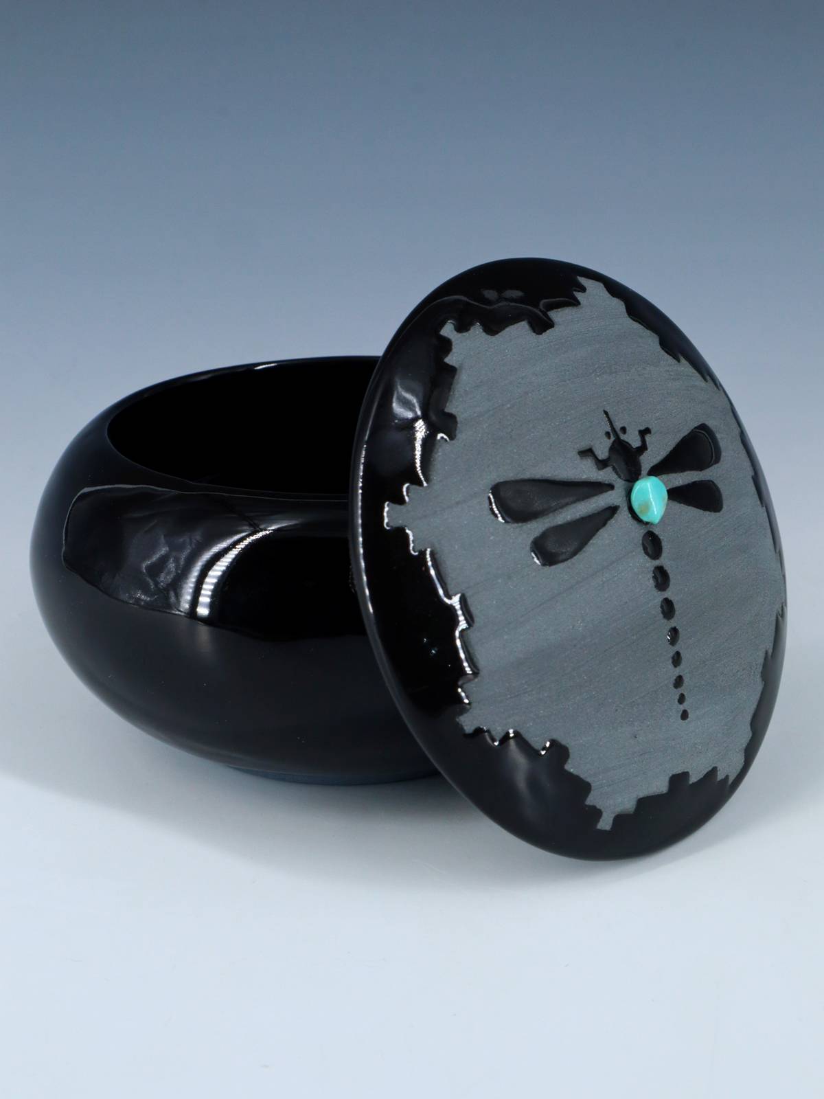 San Juan Pueblo Black Pottery Dragonfly Jewelry Box - PuebloDirect.com