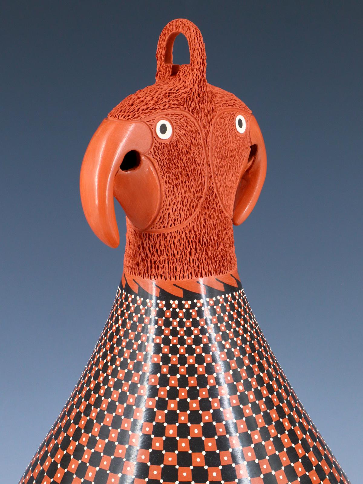 Large Mata Ortiz Hand Coiled Red Pottery with Birds - PuebloDirect.com
