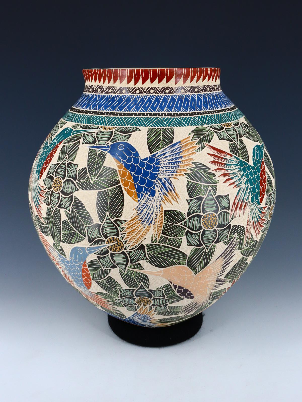 Mata Ortiz Hand Coiled Etched Hummingbird Pottery