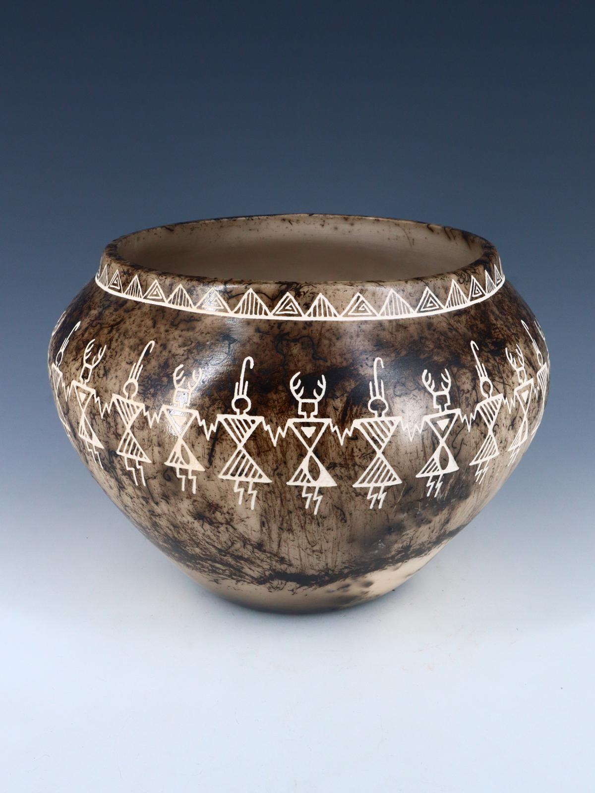 Etched Friendship Dancers Horsehair Acoma Pueblo Pottery