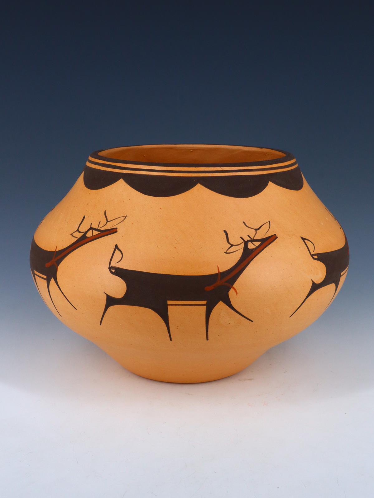 Hand Coiled Zuni Pueblo Deer Pottery Bowl