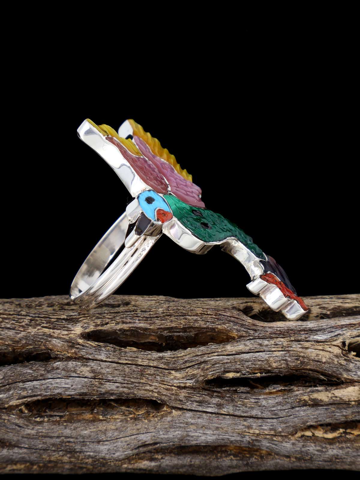 Native American Sterling Silver Zuni Inlay Hummingbird Ring, Size 9 1/2