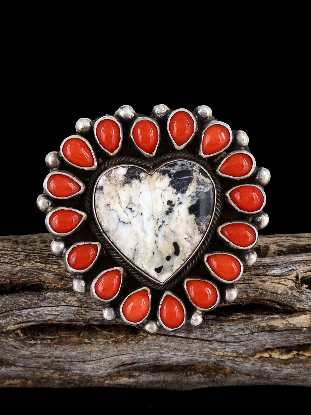 Adjustable Navajo Coral and White Buffalo Heart Cluster Ring