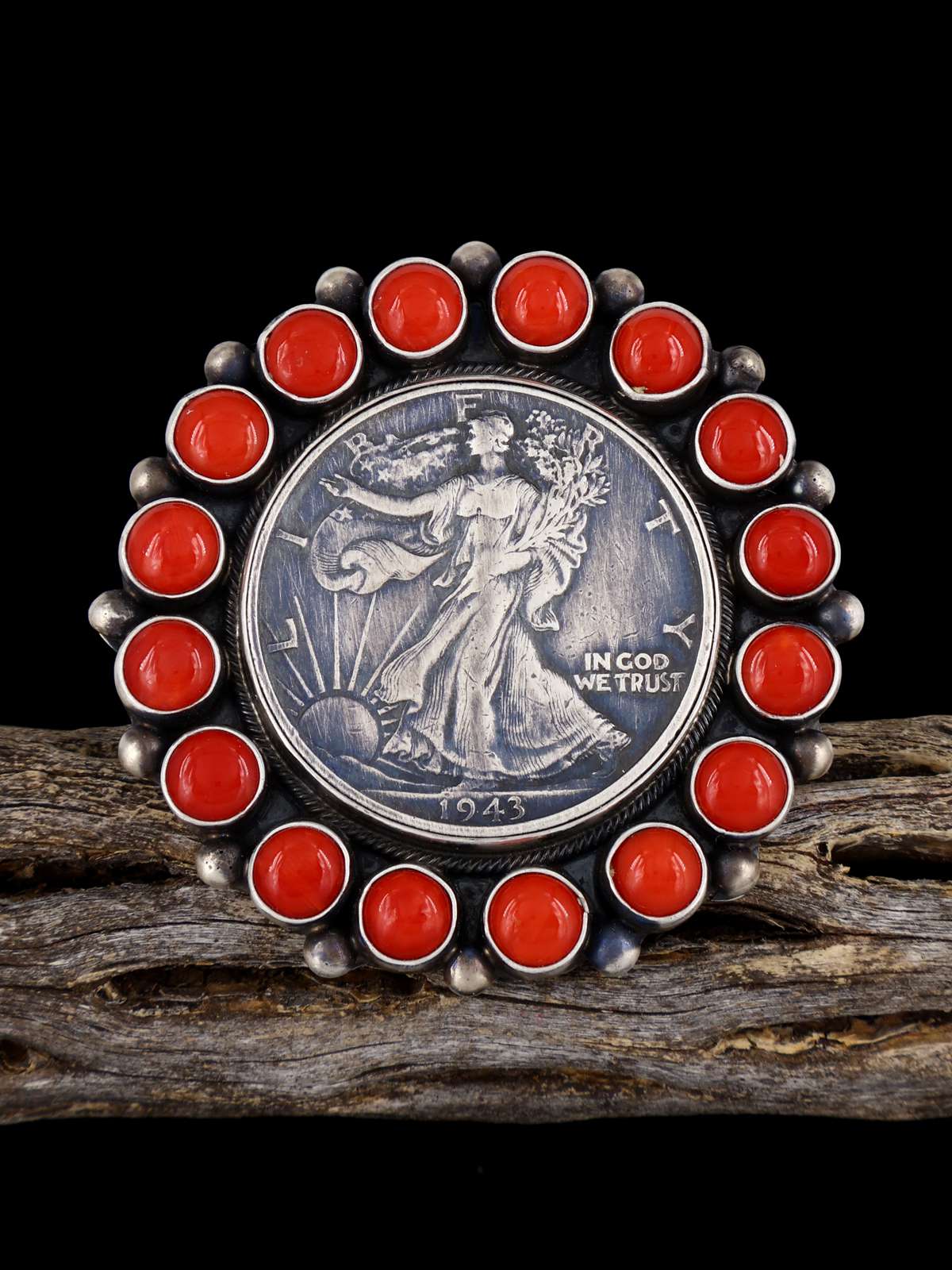 Navajo Coral and Liberty Coin Ring, Adjustable Sizes