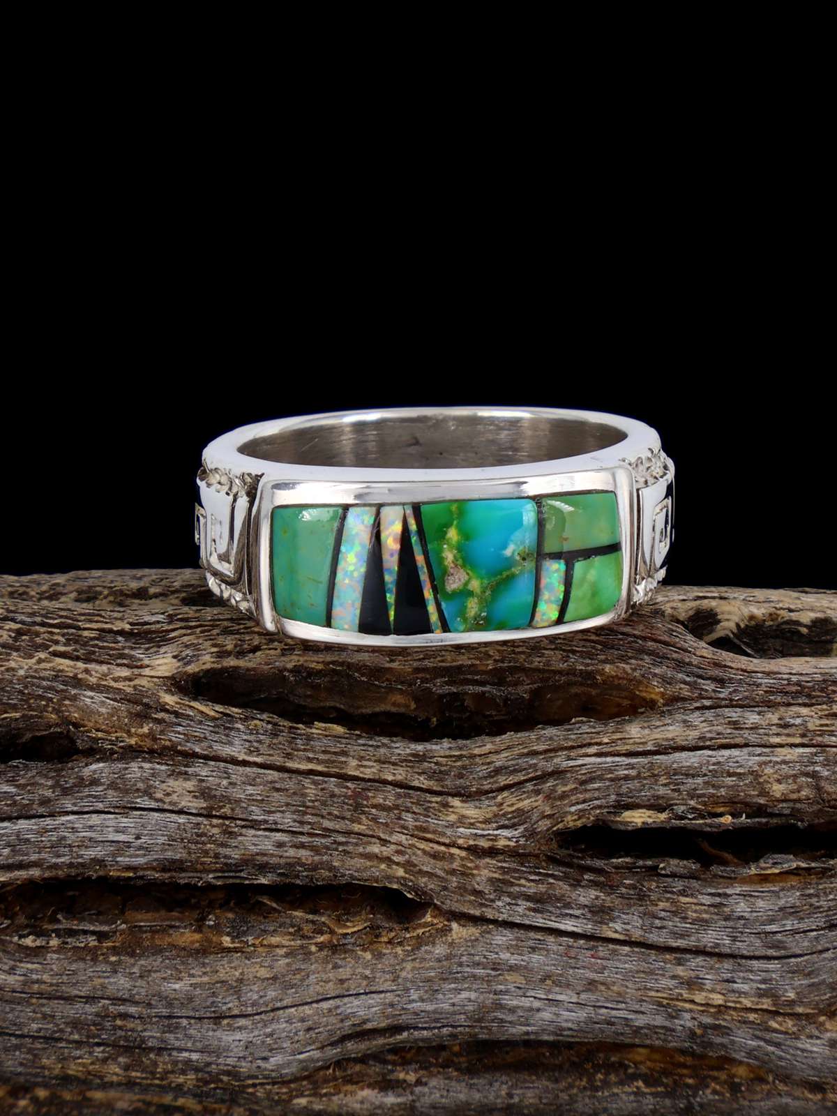 Navajo Turquoise and Opalite Inlay Ring, Size 8 1/2