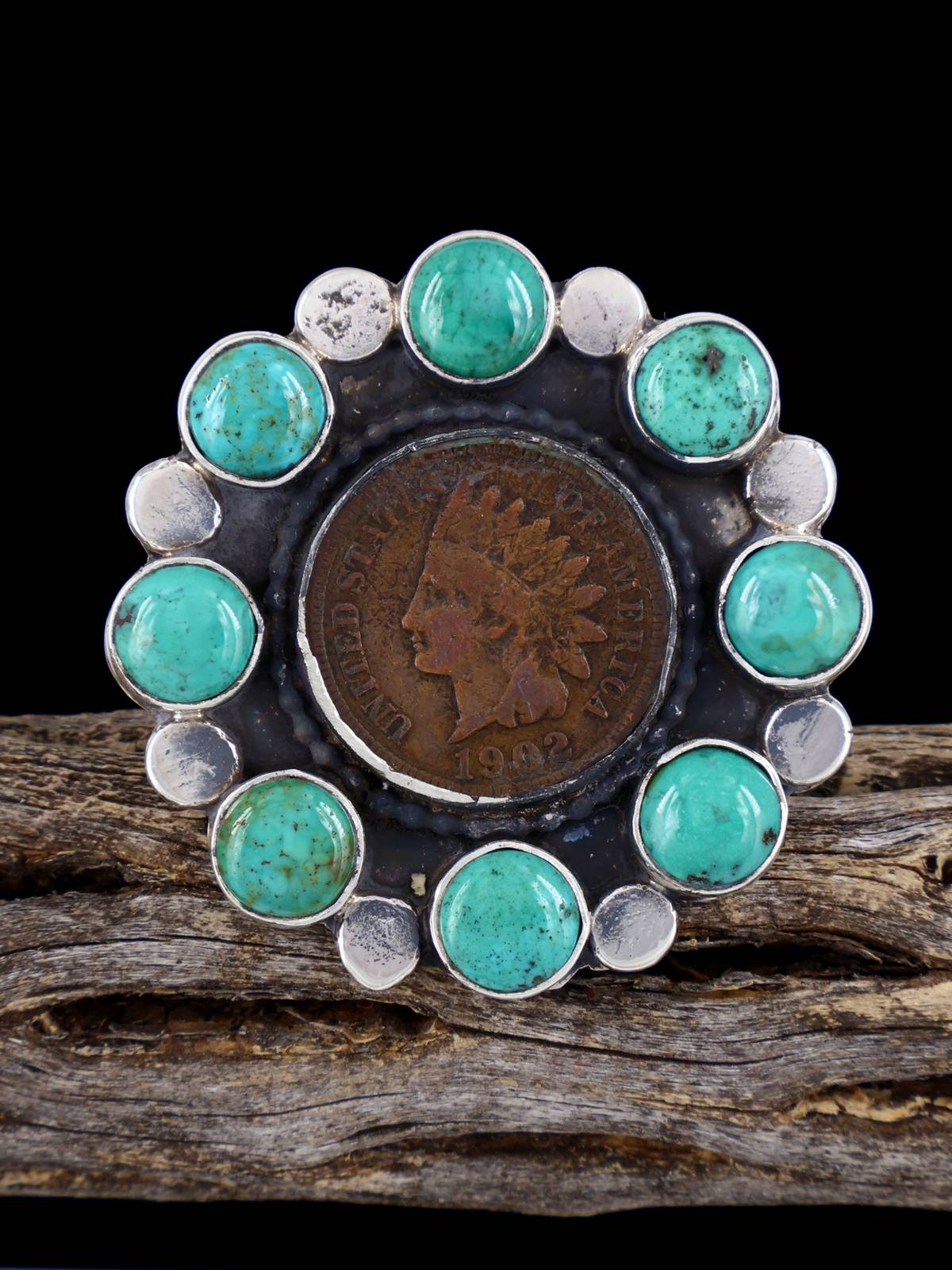 Navajo Turquoise Indian Head Penny Ring, Size 8 - PuebloDirect.com
