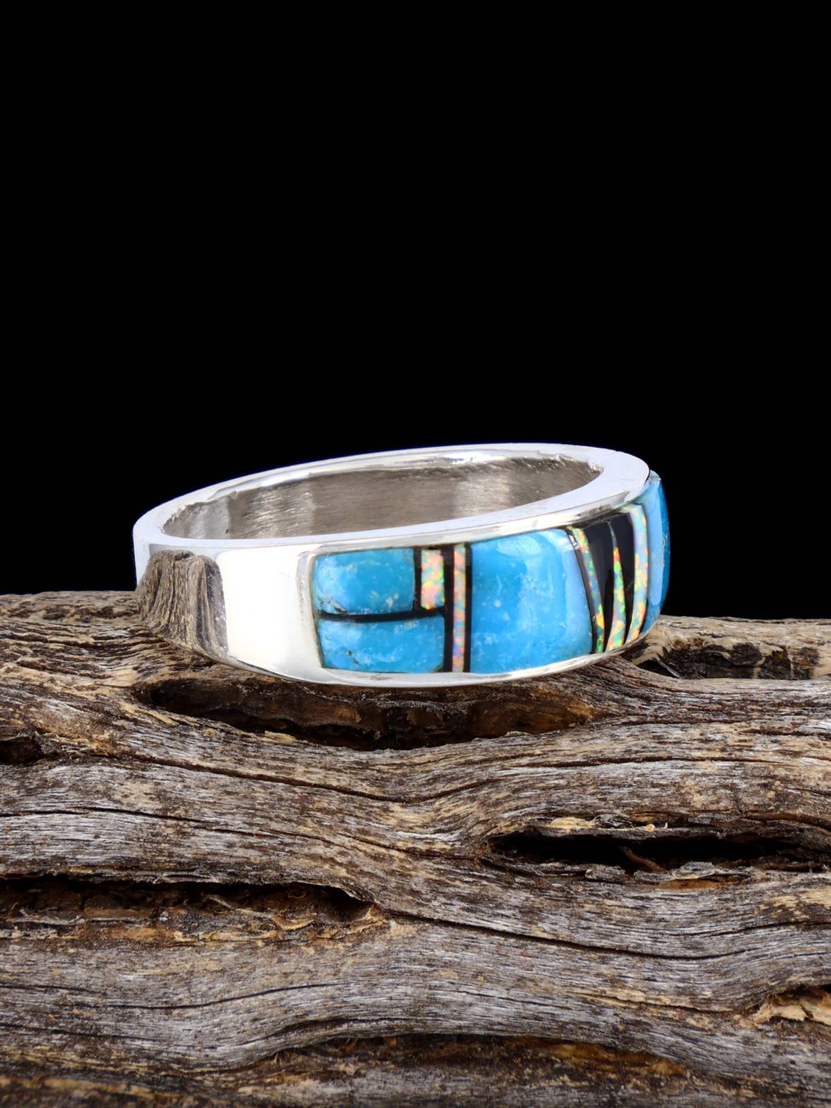 Navajo Turquoise and Opalite Inlay Ring, Size 12 1/2 - PuebloDirect.com