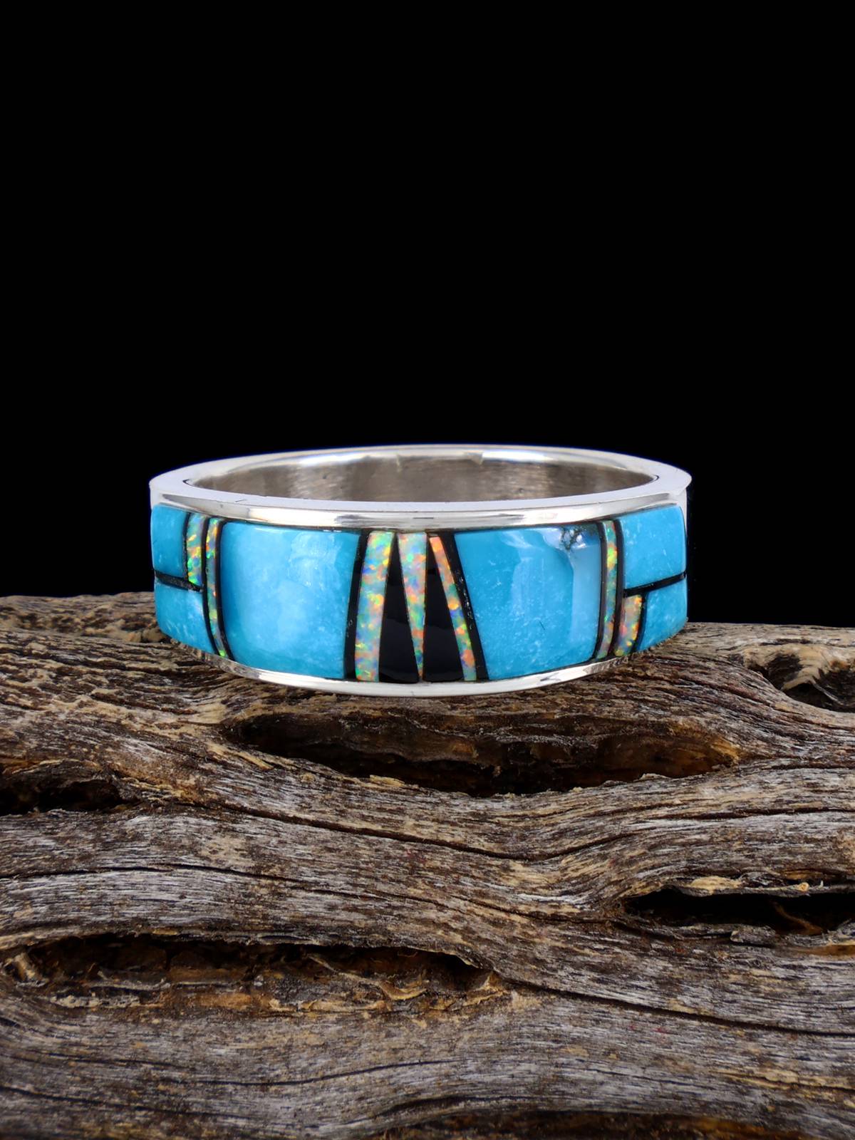 Navajo Turquoise and Opalite Inlay Ring, Size 11 - PuebloDirect.com
