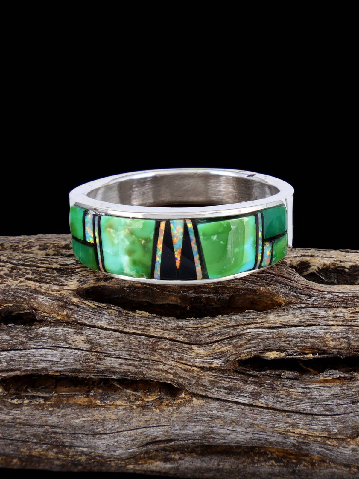 Navajo Turquoise and Opalite Inlay Ring, Size 12 - PuebloDirect.com