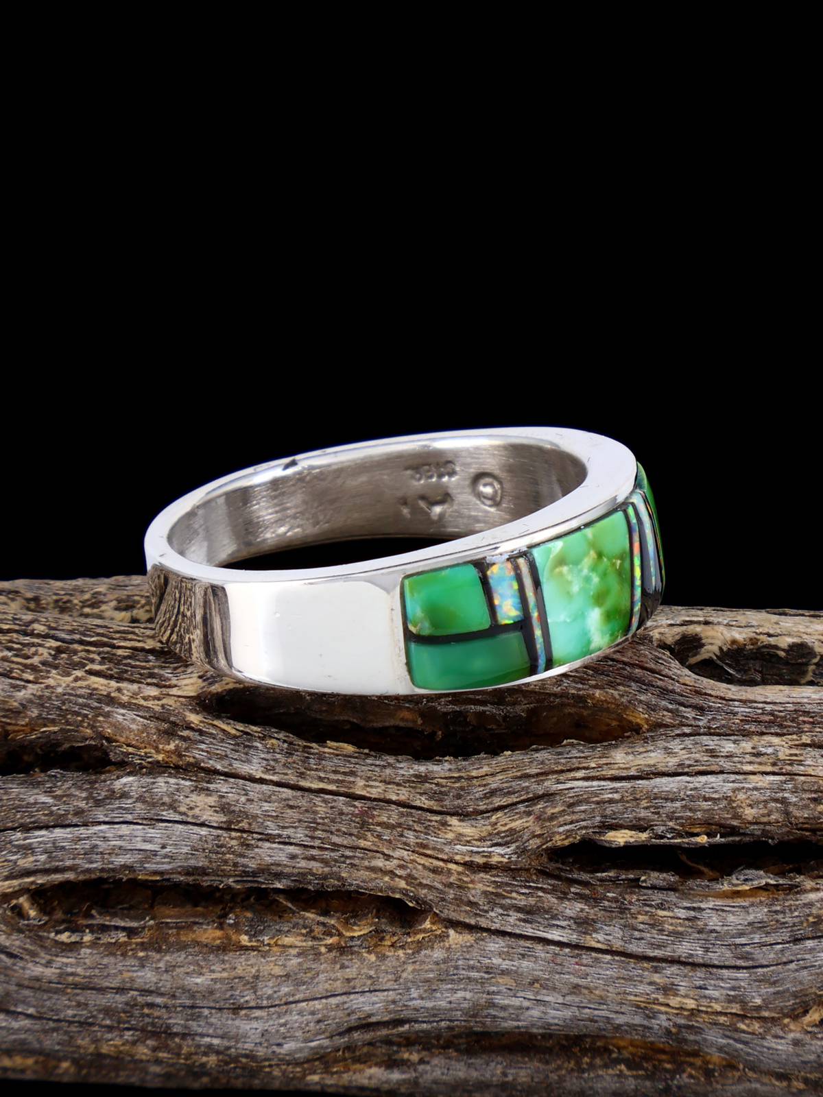 Navajo Turquoise and Opalite Inlay Ring, Size 12 - PuebloDirect.com