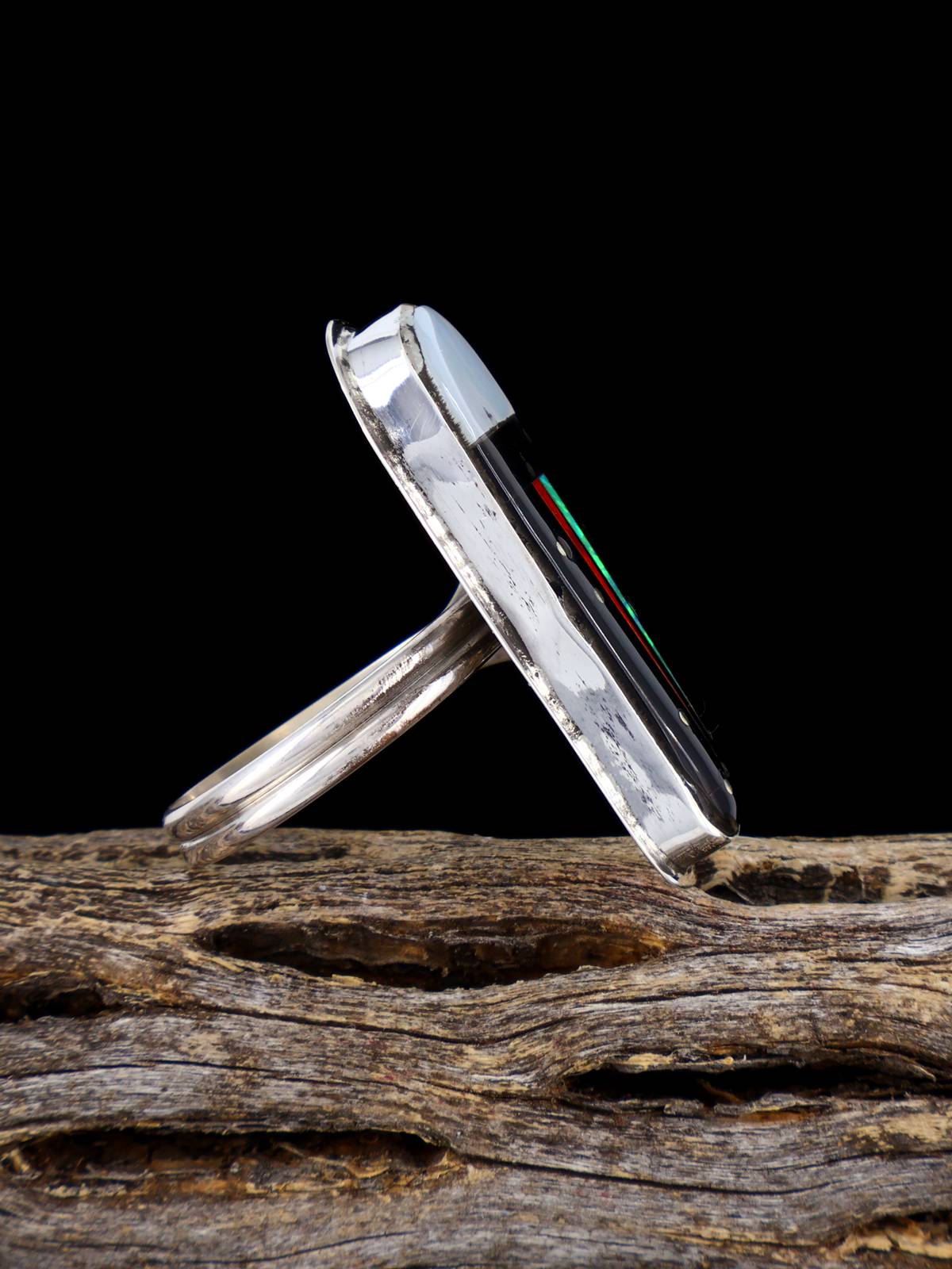 Navajo Multistone Inlay Sterling Silver Adjustable Ring Size 8+ - PuebloDirect.com