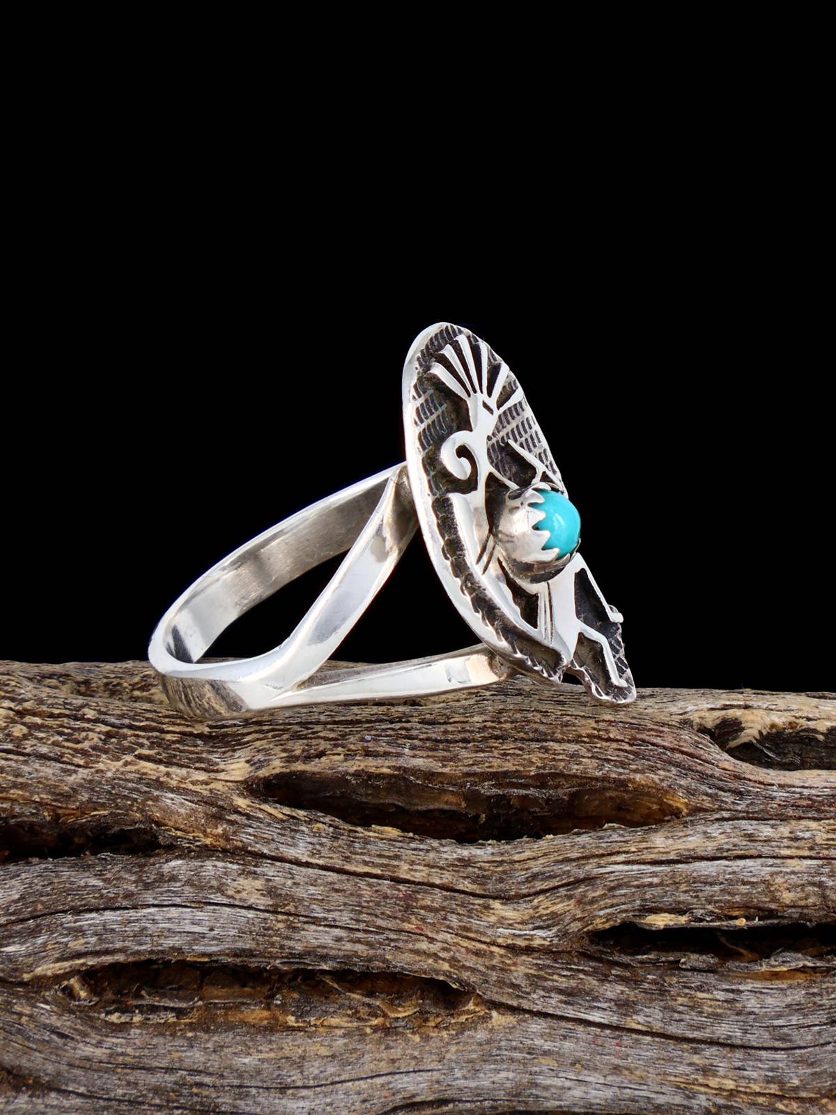 Vintage Native American Sterling Silver Turquoise Kokopelli Ring, Size 9 1/2 - PuebloDirect.com