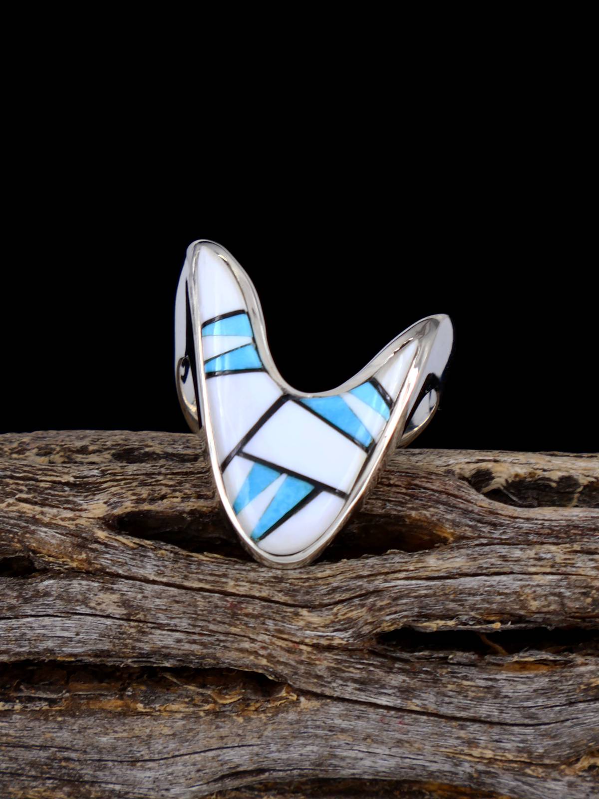 White Shell and Turquoise Inlay Ring Size 6 1/2 - PuebloDirect.com