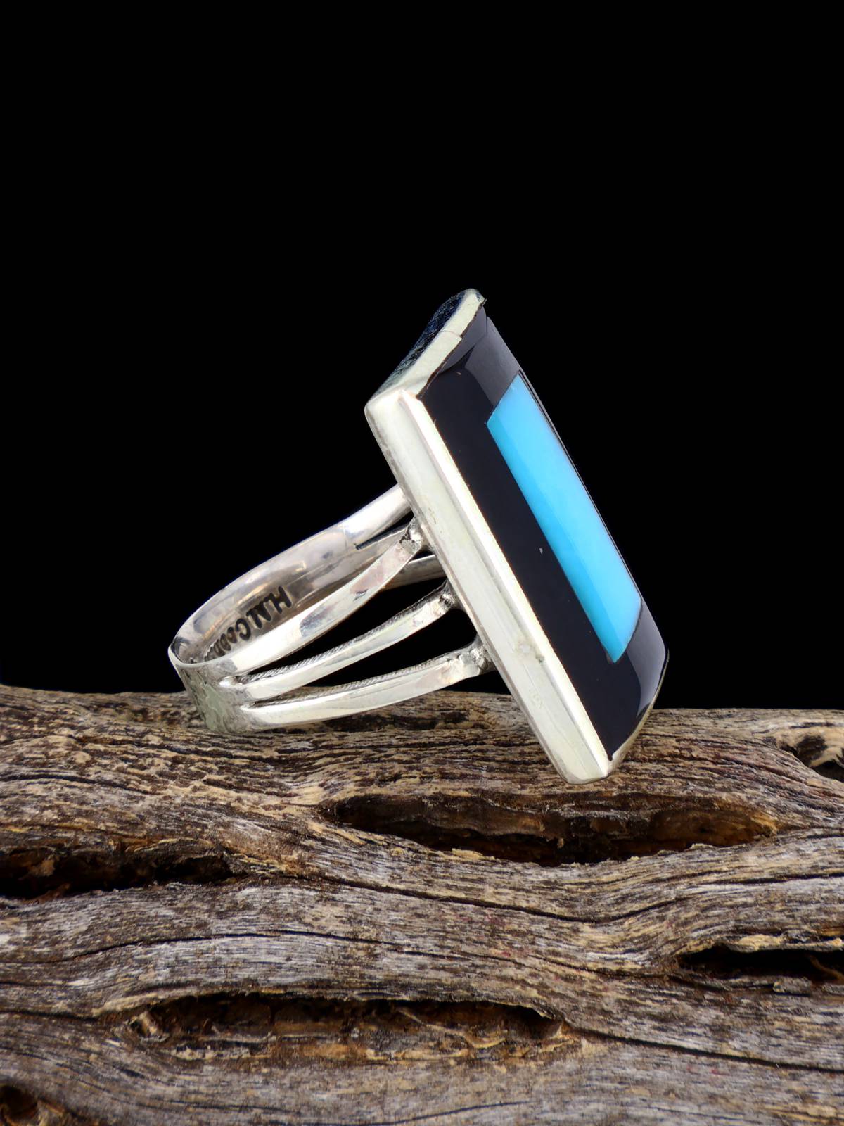 Sterling Silver Zuni Inlay Jet and Turquoise Ring, Size 7 1/2 - PuebloDirect.com