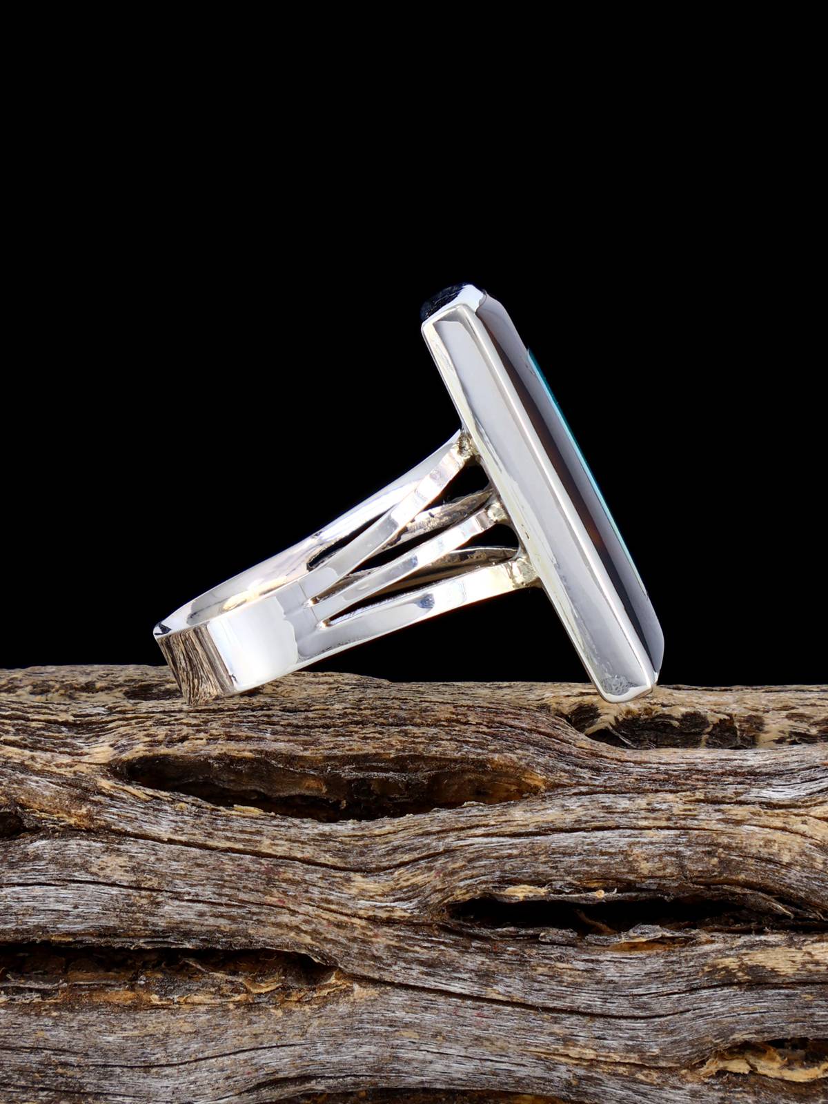 Sterling Silver Zuni Inlay Jet and Turquoise Ring, Size 8 1/2 - PuebloDirect.com