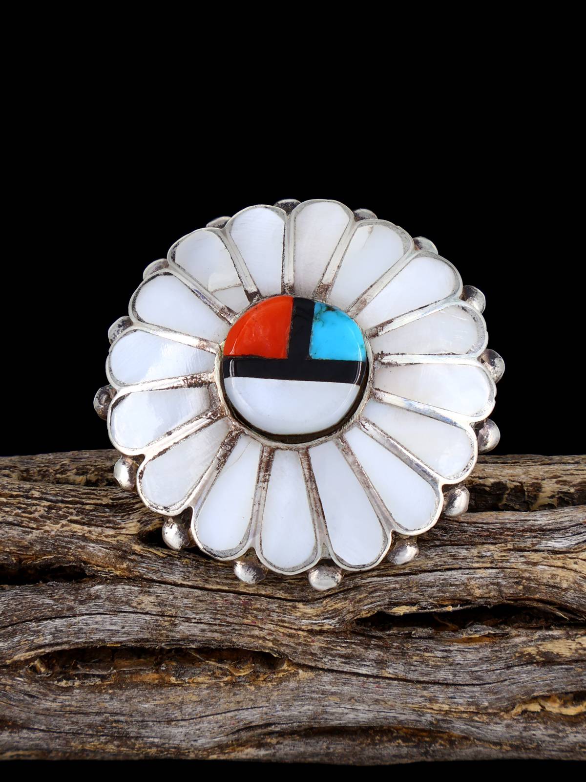 Old Estate Sterling Silver Sunface Zuni Inlay Ring, Size 6 - PuebloDirect.com