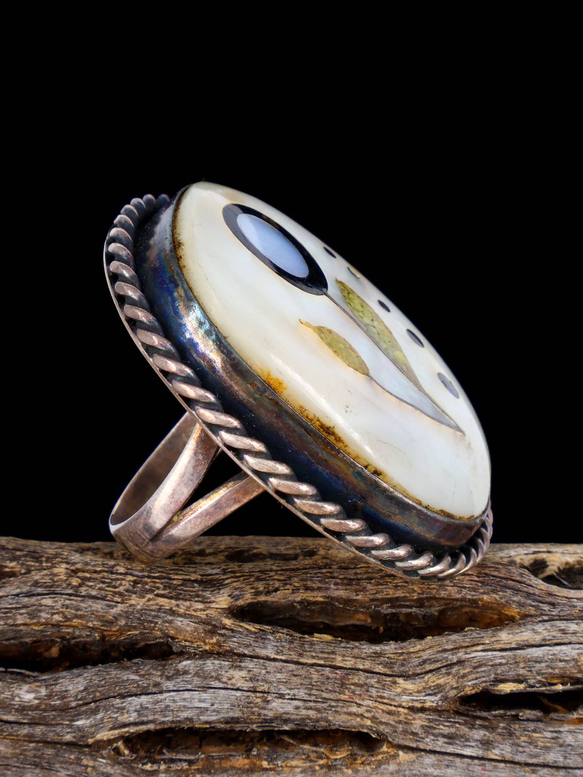 Vintage Native American Sterling Silver Flower Inlay Ring, Size 8 - PuebloDirect.com
