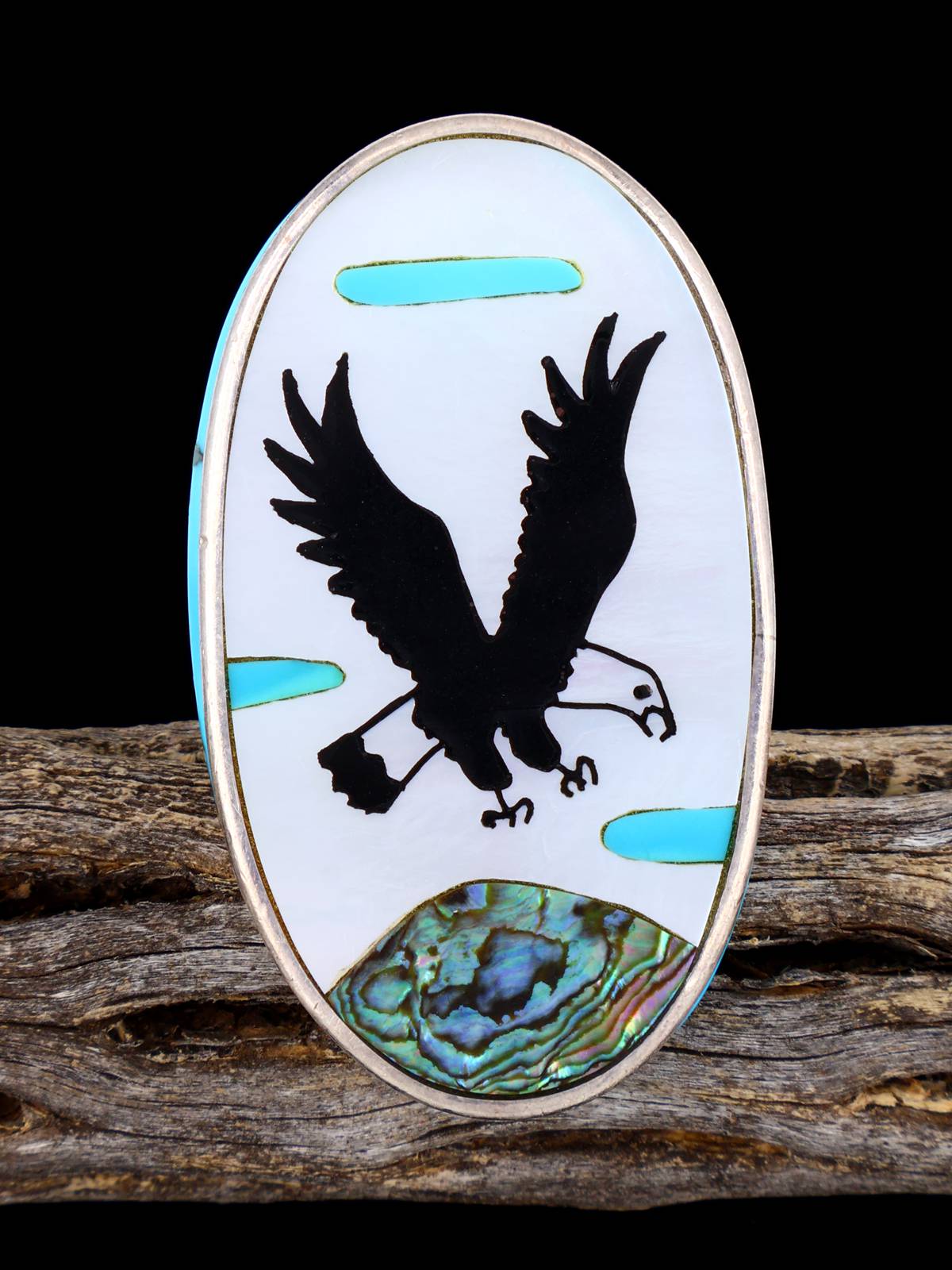 Large Vintage Native Sterling Silver Eagle Inlay Ring, Size 9 1/2 - PuebloDirect.com