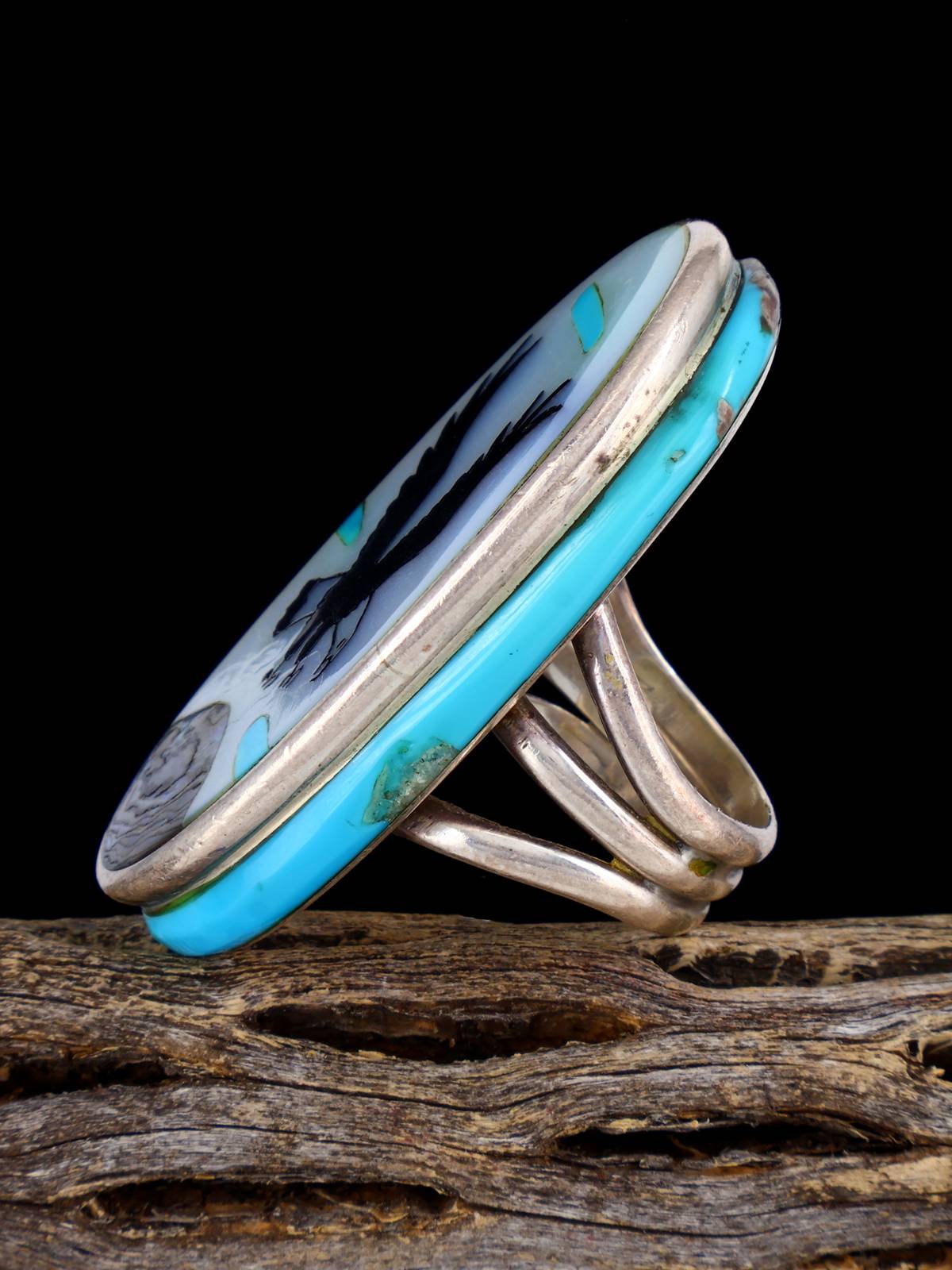 Large Vintage Native Sterling Silver Eagle Inlay Ring, Size 9 1/2 - PuebloDirect.com