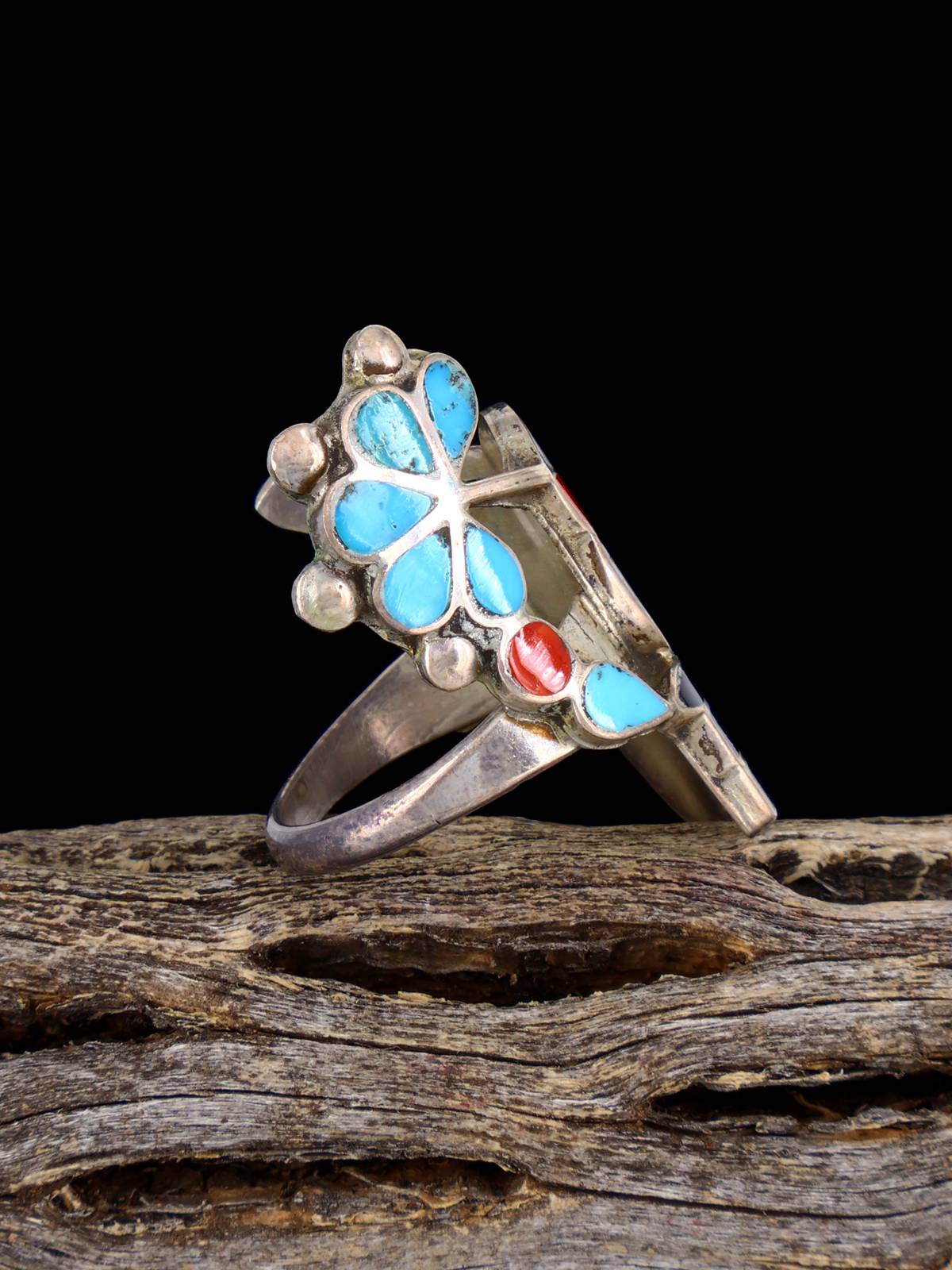 Vintage Native Sterling Silver Multistone Zuni Inlay Hummingbird Ring, Size 6 3/4 - PuebloDirect.com