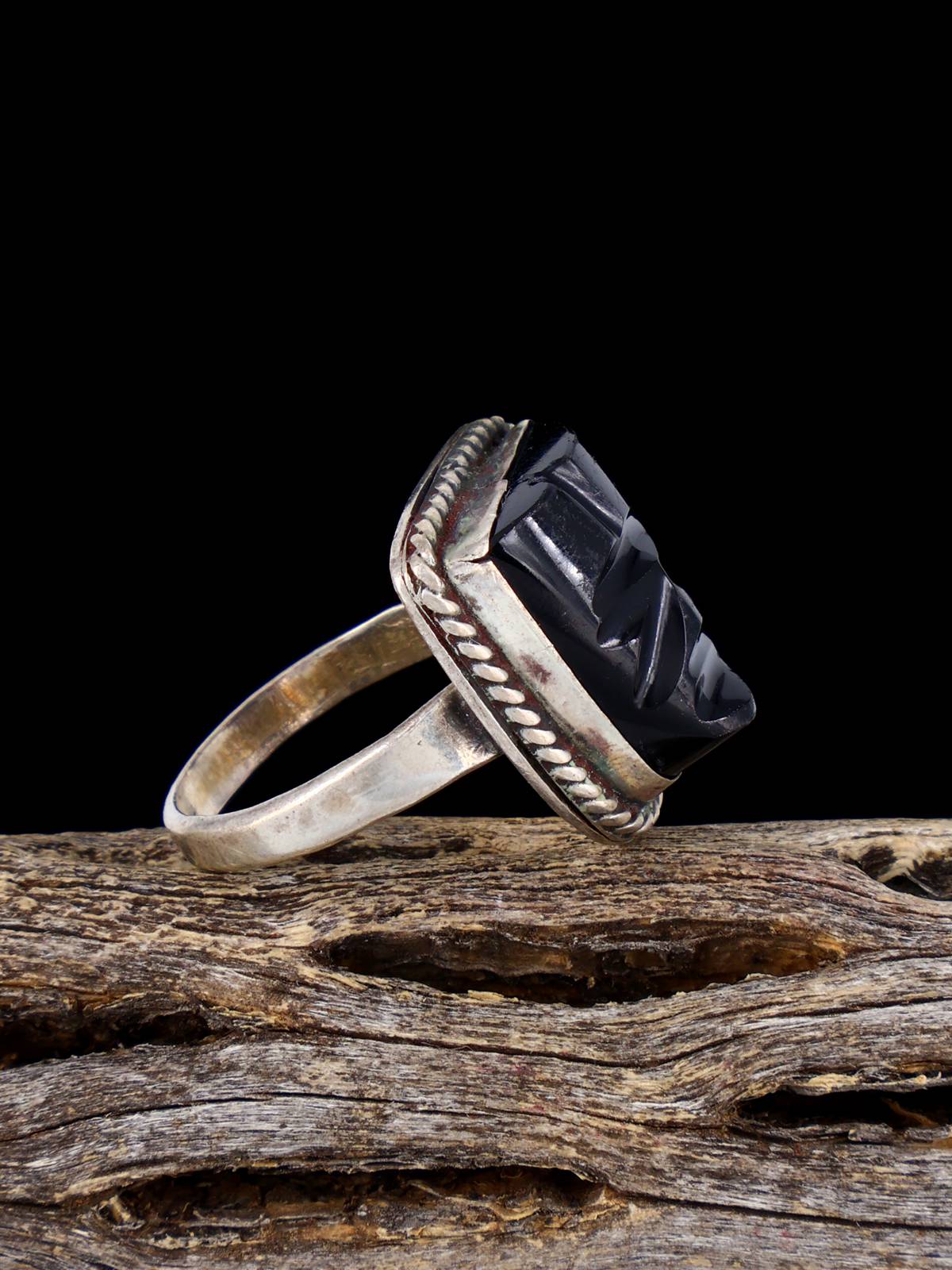 Estate Sterling Silver Carved Jet Ring, Size 6 1/4