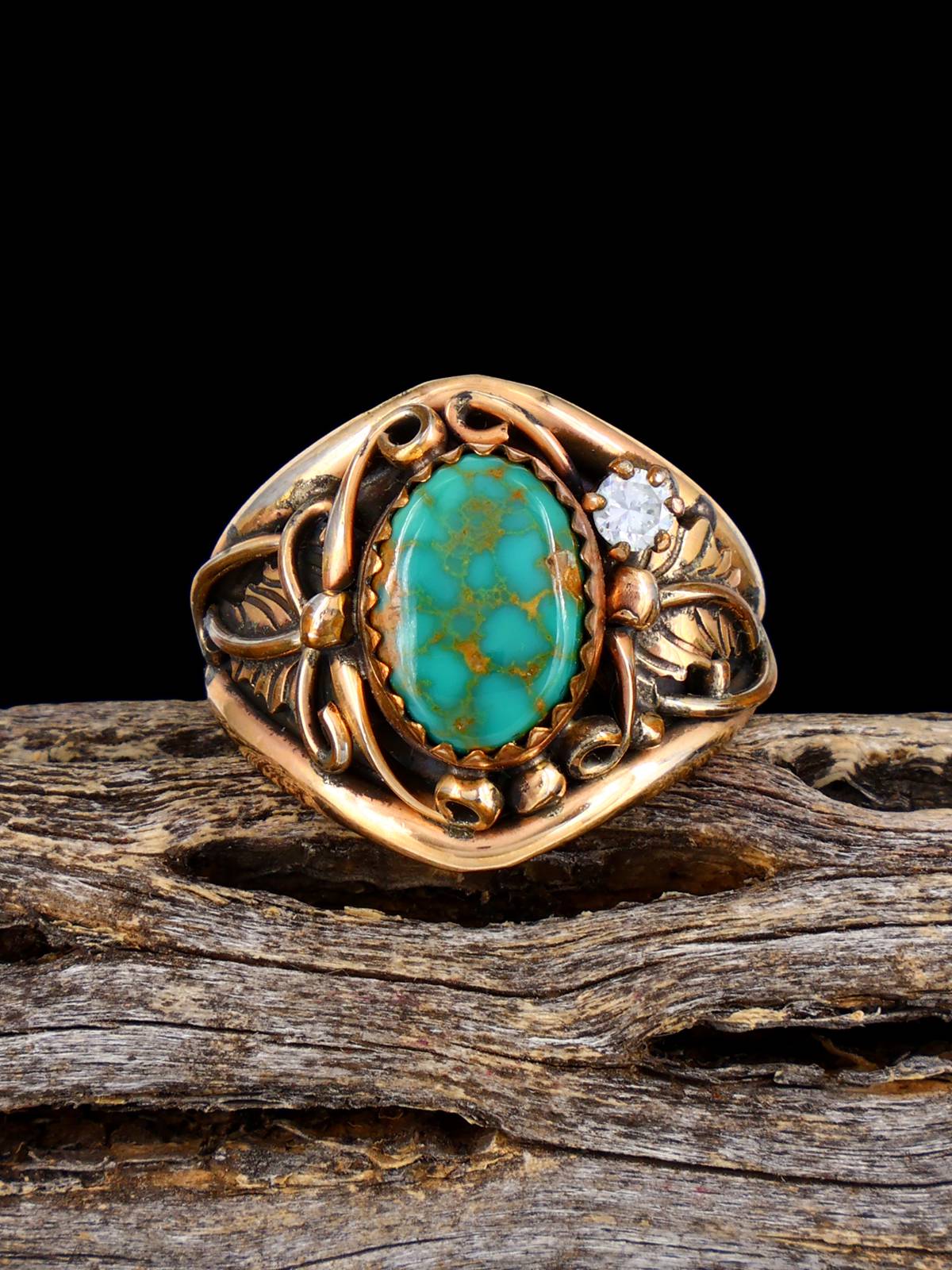 Vintage Southwestern Turquoise and Cubic Zirconia Gold Plated Sterling Silver Ring, Size 9