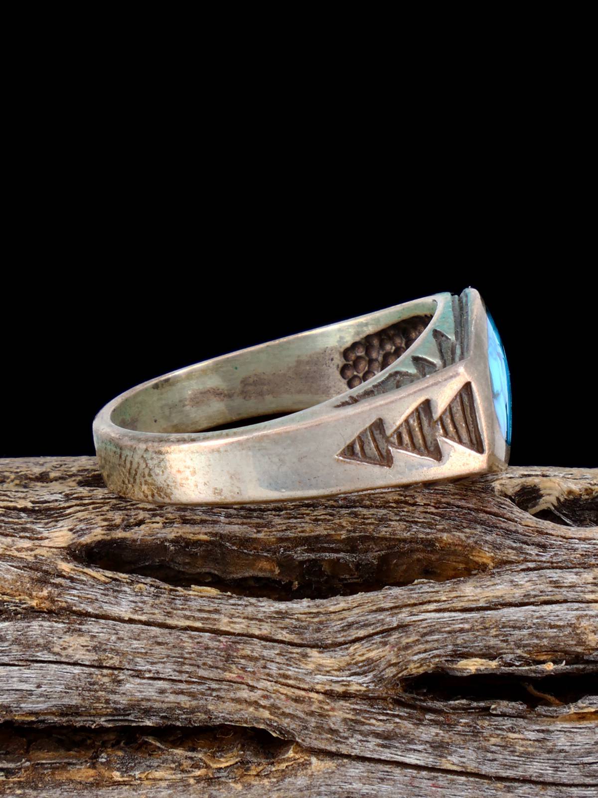 Estate Native Turquoise Chip Inlay Sterling Silver Ring, Size 8 1/4 - PuebloDirect.com