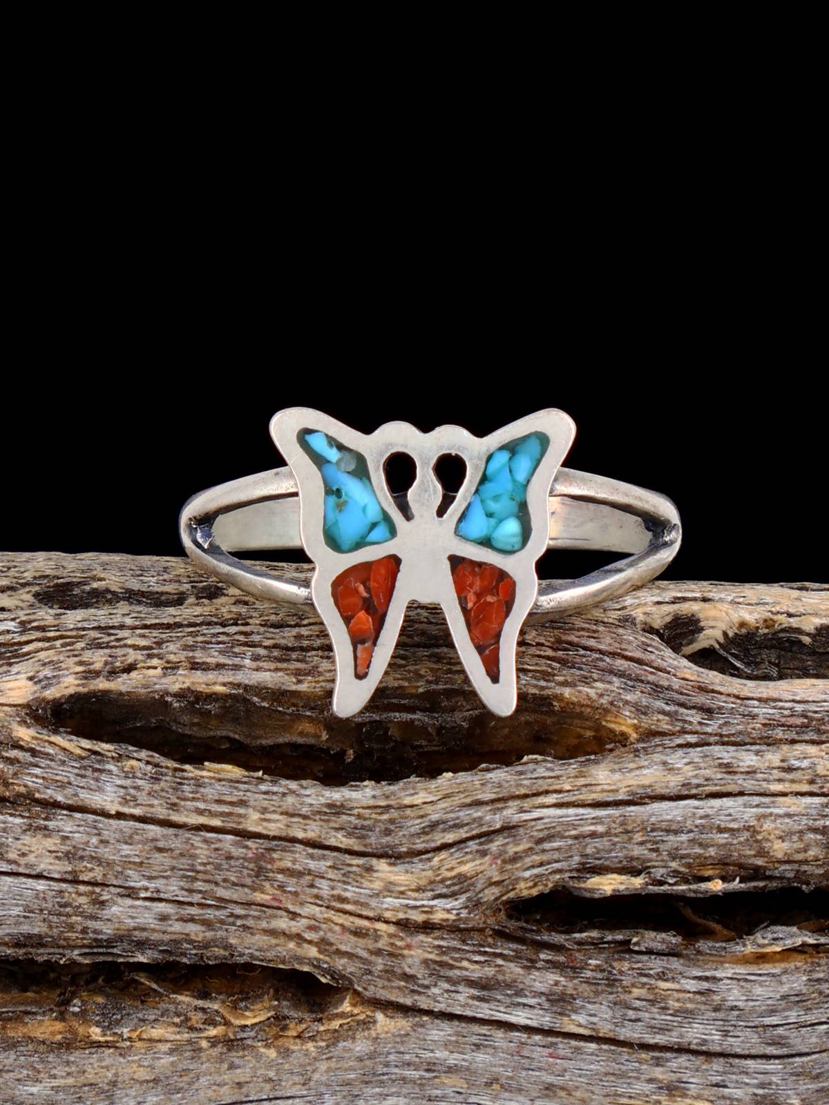 Estate Native Sterling Silver Turquoise and Coral Chip Inlay Butterfly Ring, Size 6 3/4 - PuebloDirect.com