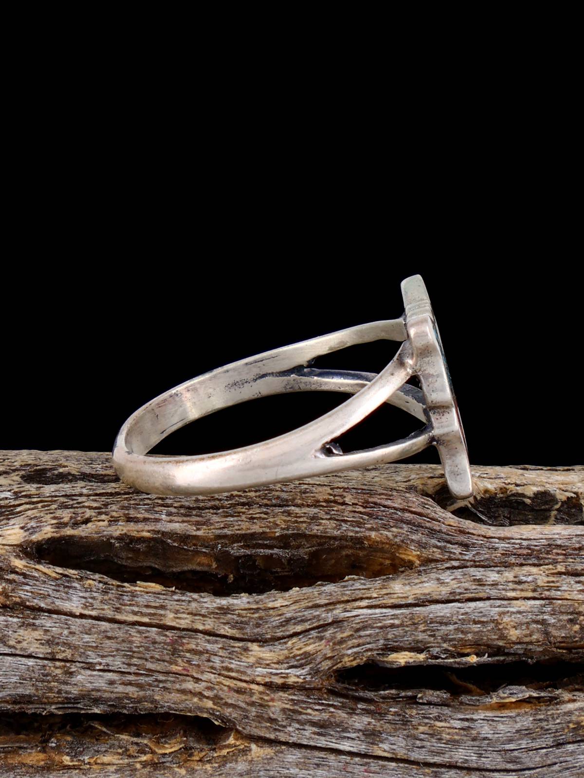 Estate Native Sterling Silver Turquoise and Coral Chip Inlay Butterfly Ring, Size 6 3/4 - PuebloDirect.com