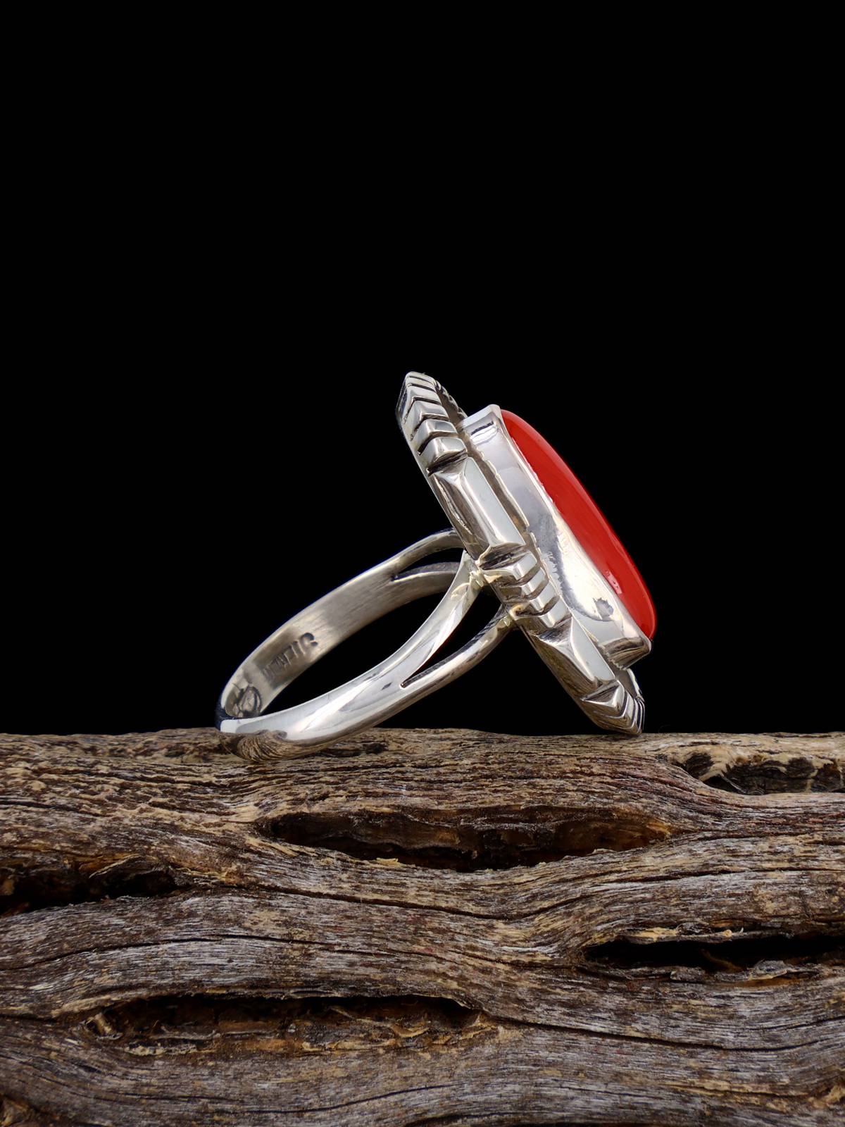 Navajo Red Coral Sterling Silver Ring, Size 6