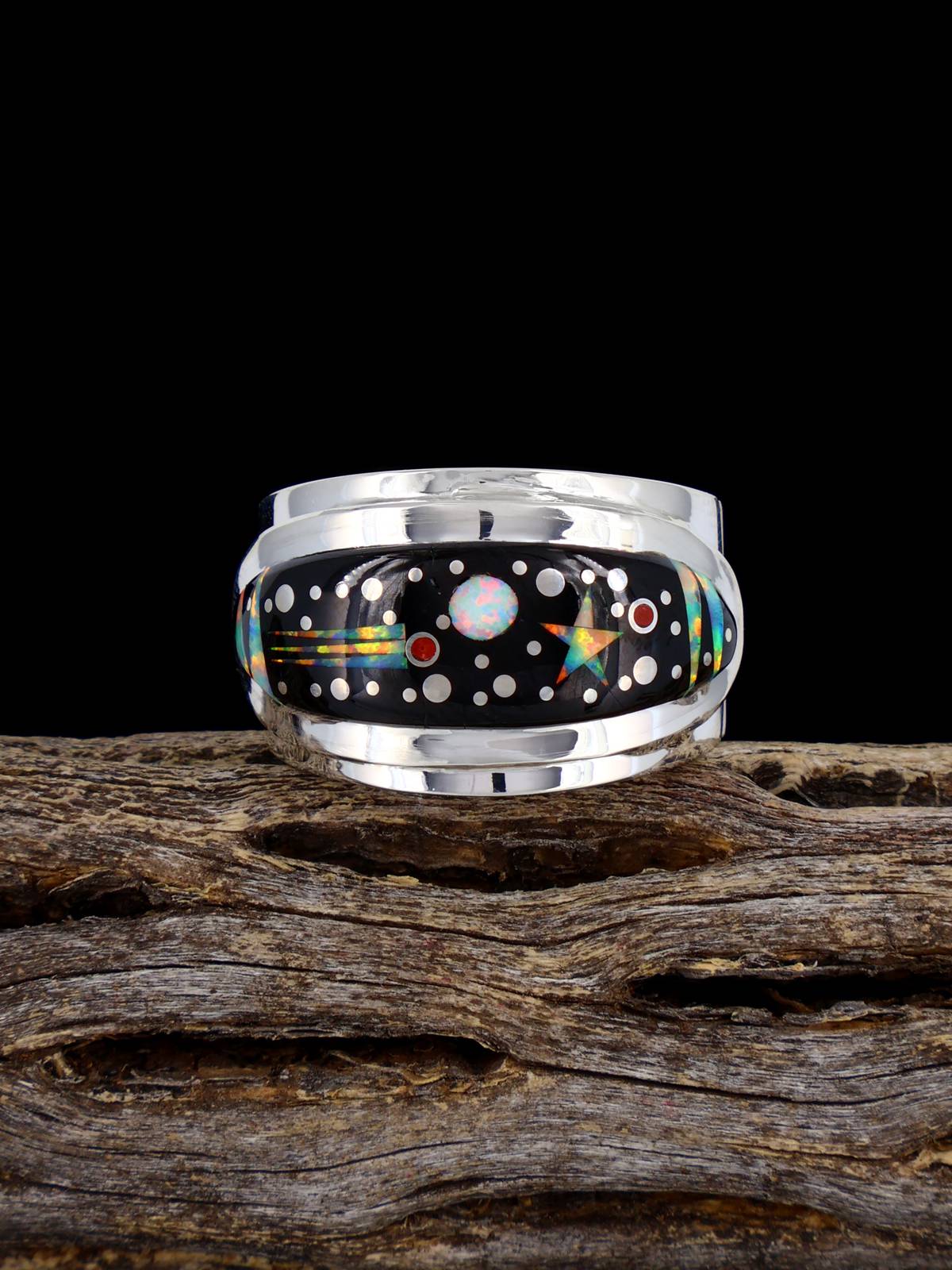 Black Jade and Opalite Night Sky Inlay Ring Size 9 1/4
