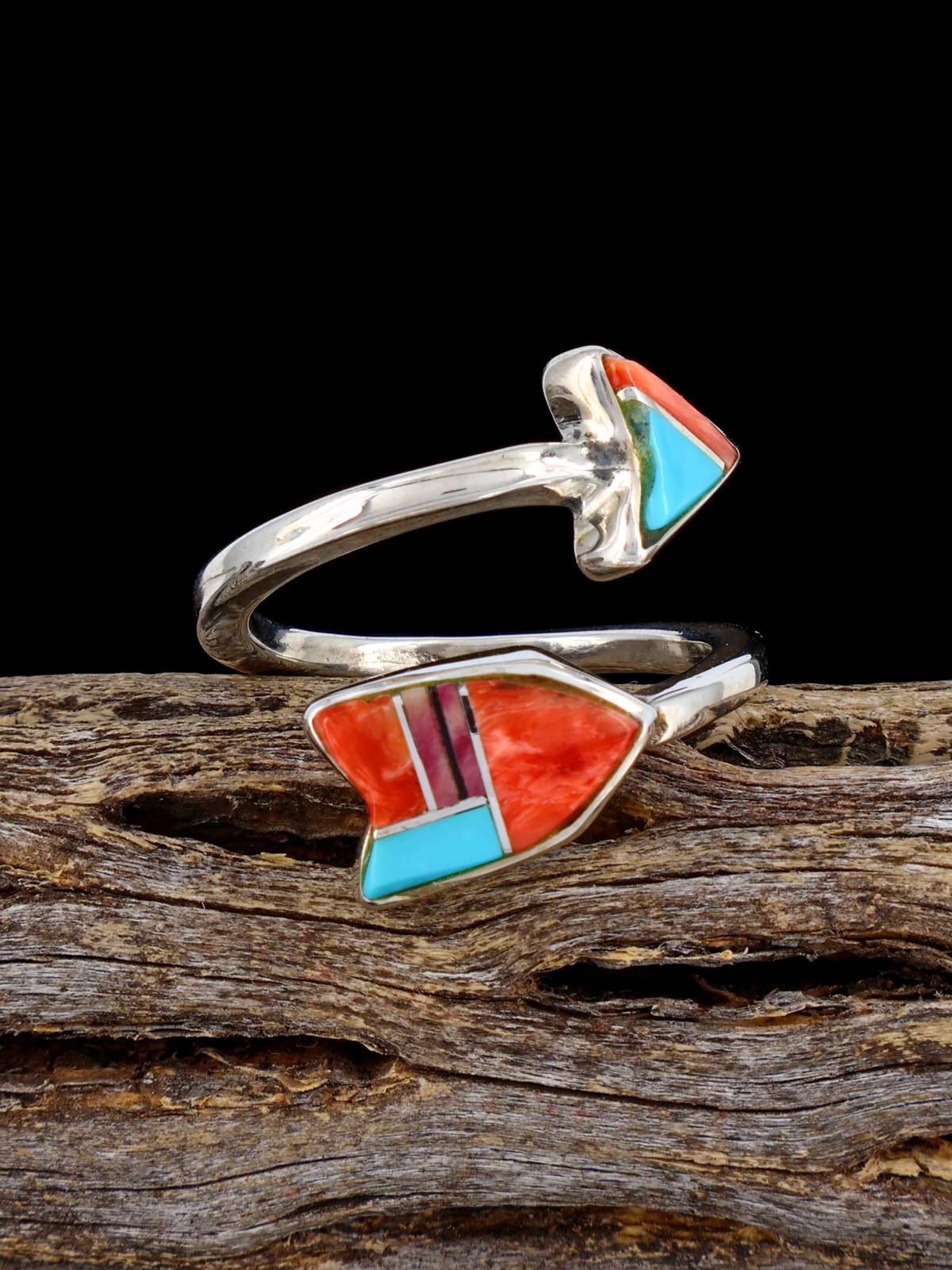 Navajo Turquoise and Spiny Oyster Inlay Arrow Ring, Adjustable