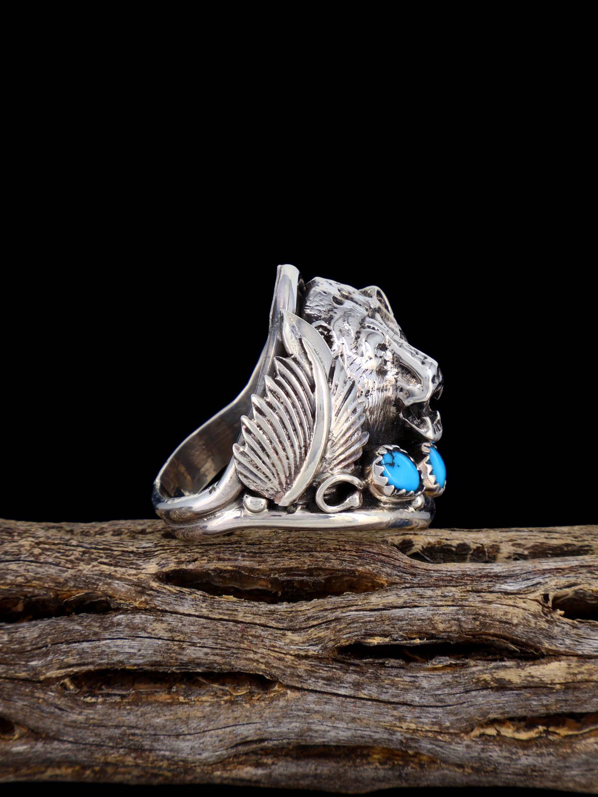 Navajo Turquoise Sterling Silver Bear Ring, Size 12 - PuebloDirect.com