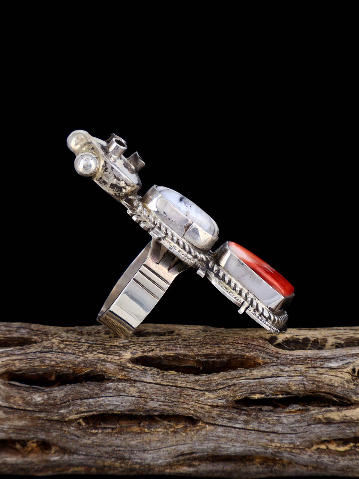 Navajo White Buffalo and Spiny Oyster Mudhead Kachina Ring, Size 7 1/2 - PuebloDirect.com