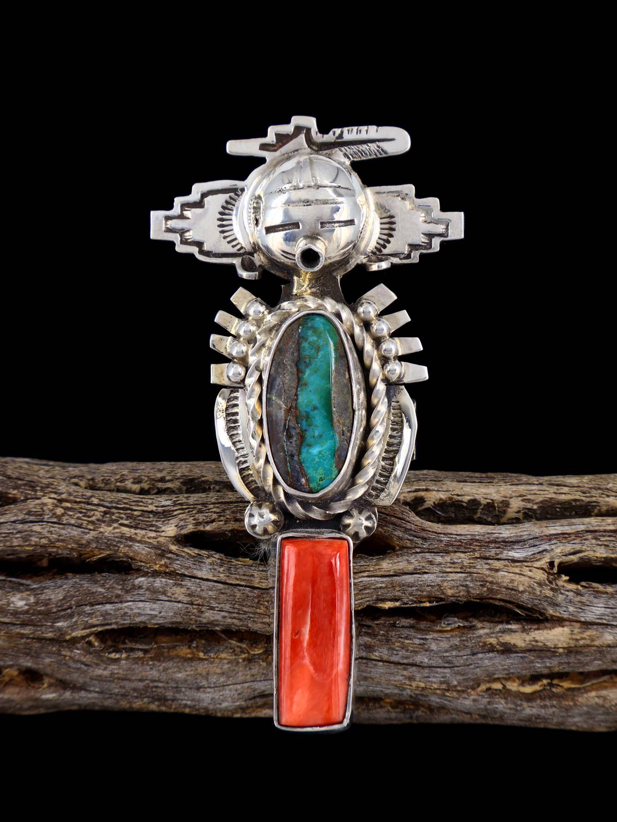 Navajo Turquoise and Spiny Oyster Kachina Ring, Size 7 1/2 - PuebloDirect.com